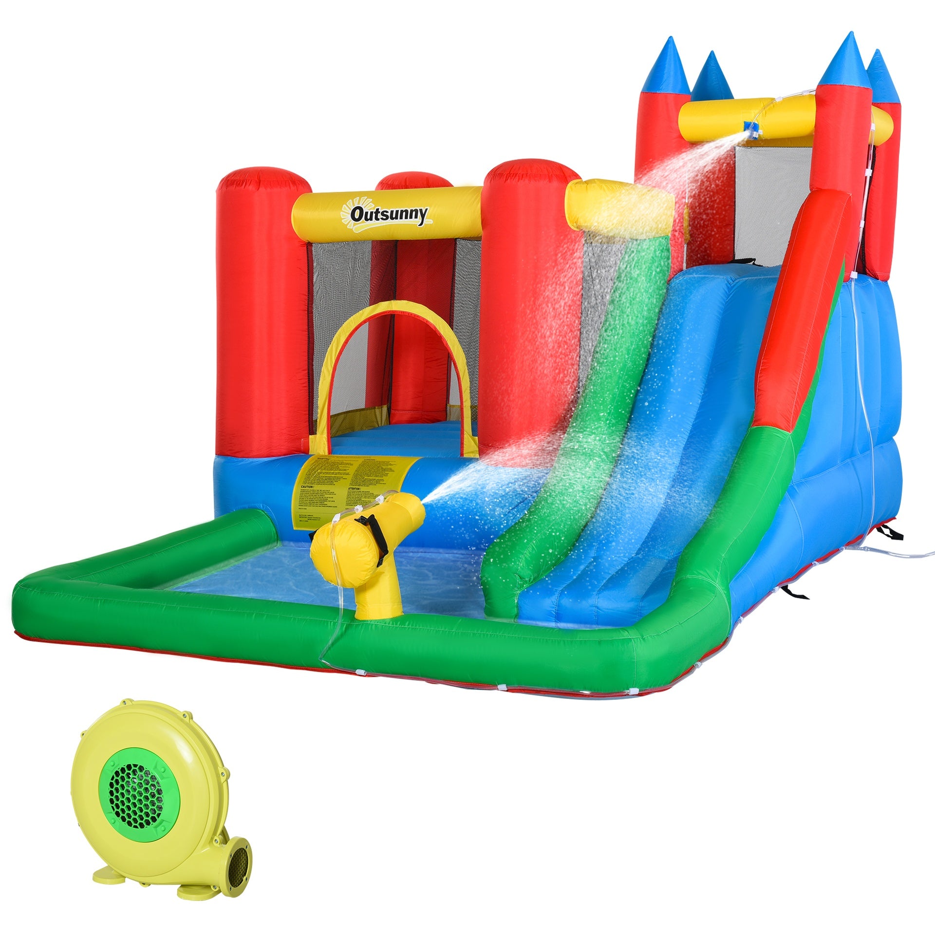 Outsunny Kids Bounce House Inflatable Slide with Splash Pool, Water Cannon, Climbing Wall, Inflator Included, 6 in1 Bouncy Castle Kids Backyard Activity Outdoor Water Play Toy