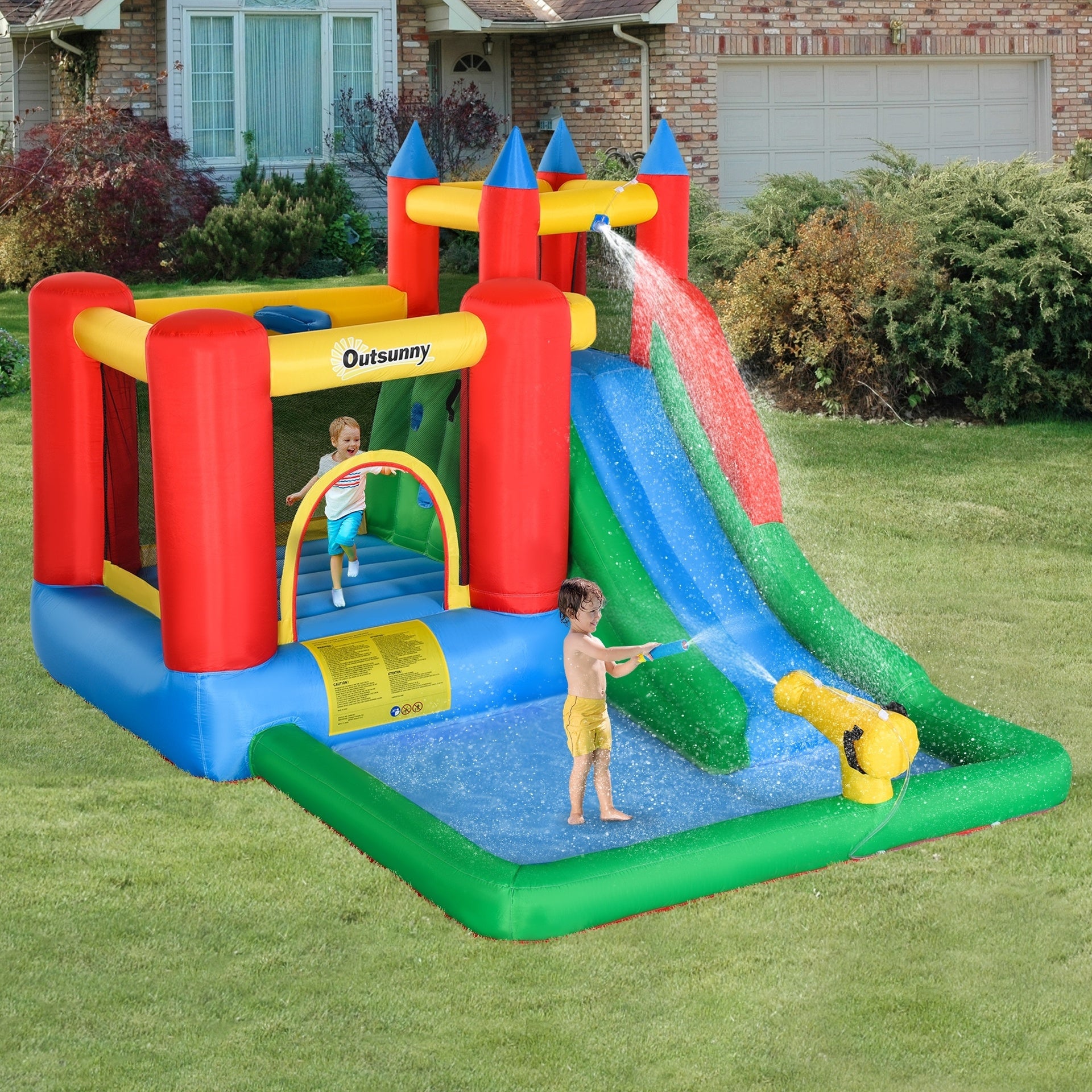 Outsunny Kids Bounce House Inflatable Slide with Splash Pool, Water Cannon, Climbing Wall, Inflator Included, 6 in1 Bouncy Castle Kids Backyard Activity Outdoor Water Play Toy