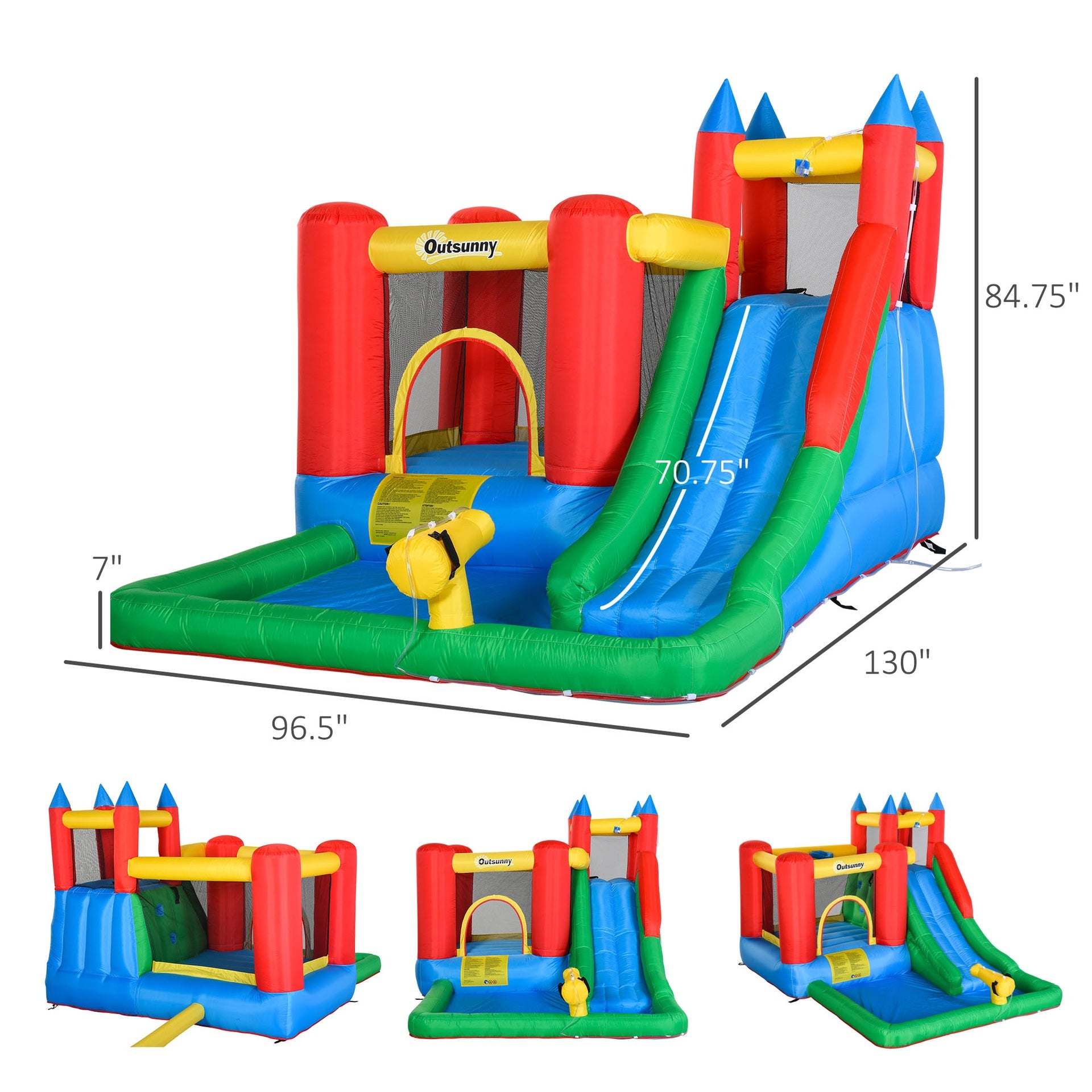 Outsunny Kids Bounce House Inflatable Slide with Splash Pool, Water Cannon, Climbing Wall, Inflator Included, 6 in1 Bouncy Castle Kids Backyard Activity Outdoor Water Play Toy