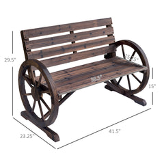 Outsunny 41" Wooden Wagon Wheel Bench, Rustic Outdoor Patio Bench Weather Resistance Furniture, 2-Person Slatted Seat with Backrest, Carbonized