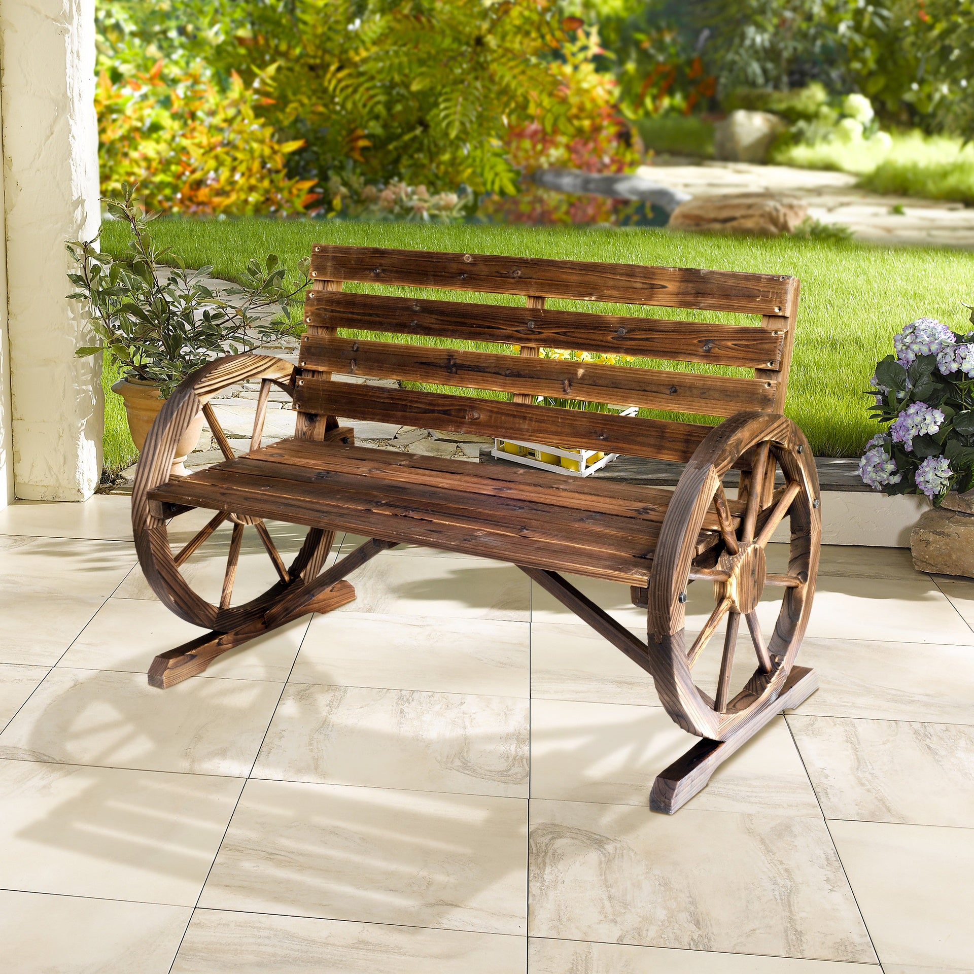 Outsunny 41" Wooden Wagon Wheel Bench, Rustic Outdoor Patio Bench Weather Resistance Furniture, 2-Person Slatted Seat with Backrest, Carbonized