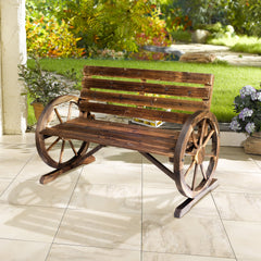 Outsunny 41" Wooden Wagon Wheel Bench, Rustic Outdoor Patio Bench Weather Resistance Furniture, 2-Person Slatted Seat with Backrest, Carbonized