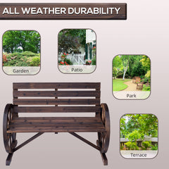 Outsunny 41" Wooden Wagon Wheel Bench, Rustic Outdoor Patio Bench Weather Resistance Furniture, 2-Person Slatted Seat with Backrest, Carbonized