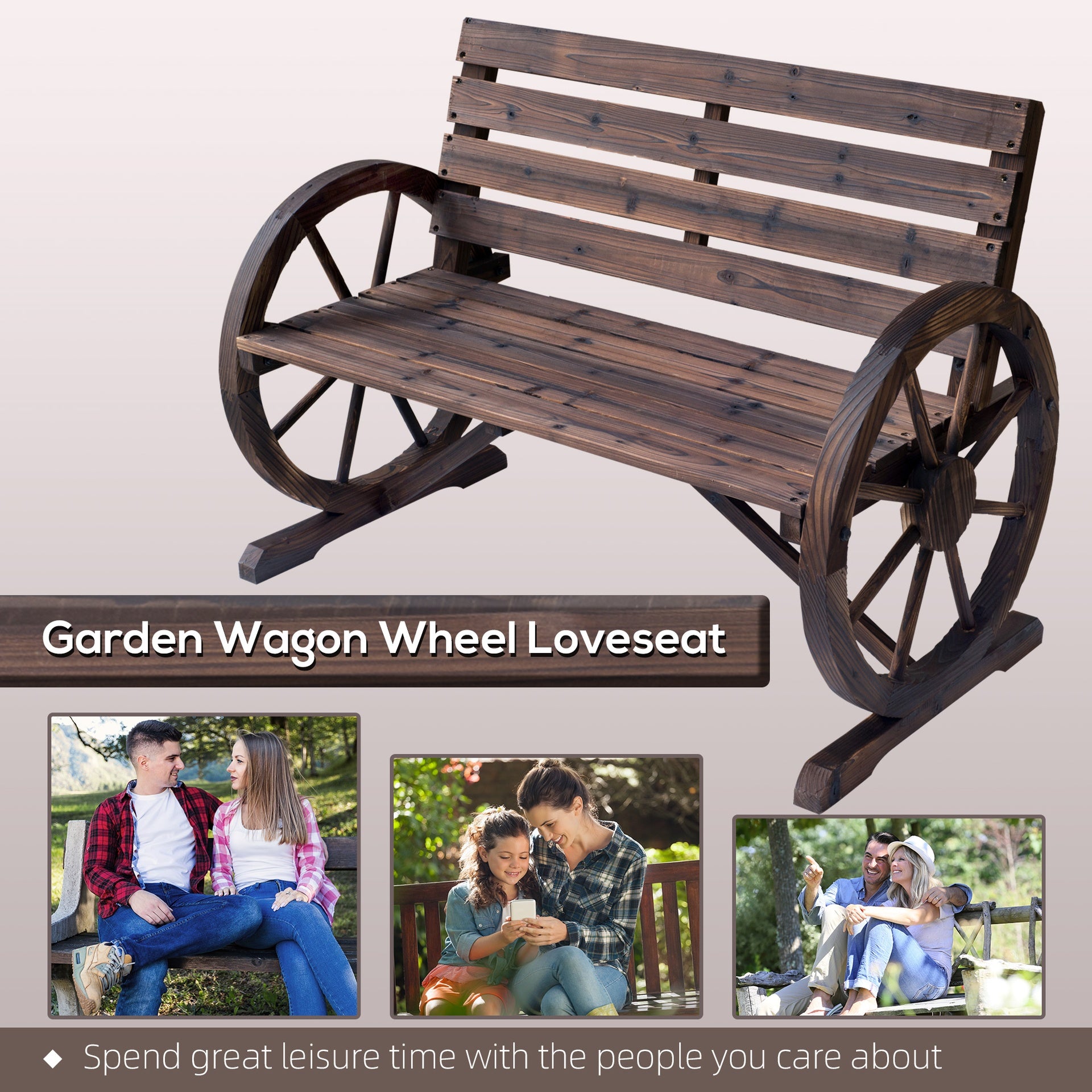 Outsunny 41" Wooden Wagon Wheel Bench, Rustic Outdoor Patio Bench Weather Resistance Furniture, 2-Person Slatted Seat with Backrest, Carbonized