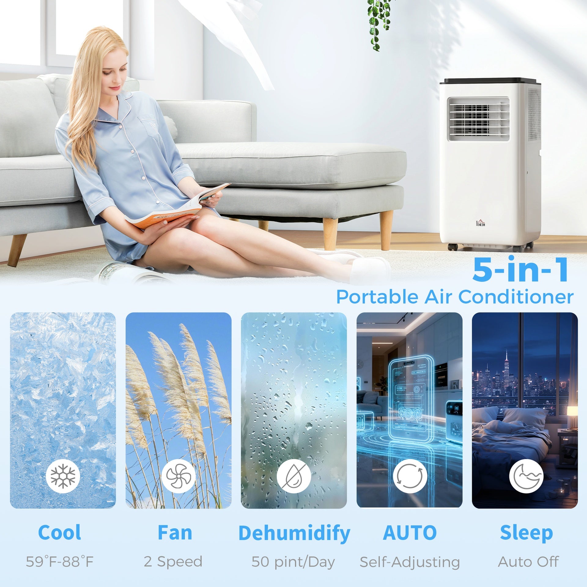HOMCOM 10,000 BTU Moible Air Conditioner 440 Sq. Ft., Dehumidifier Fan Auto Sleep with 24H Timer On/Off, Window Kit, White