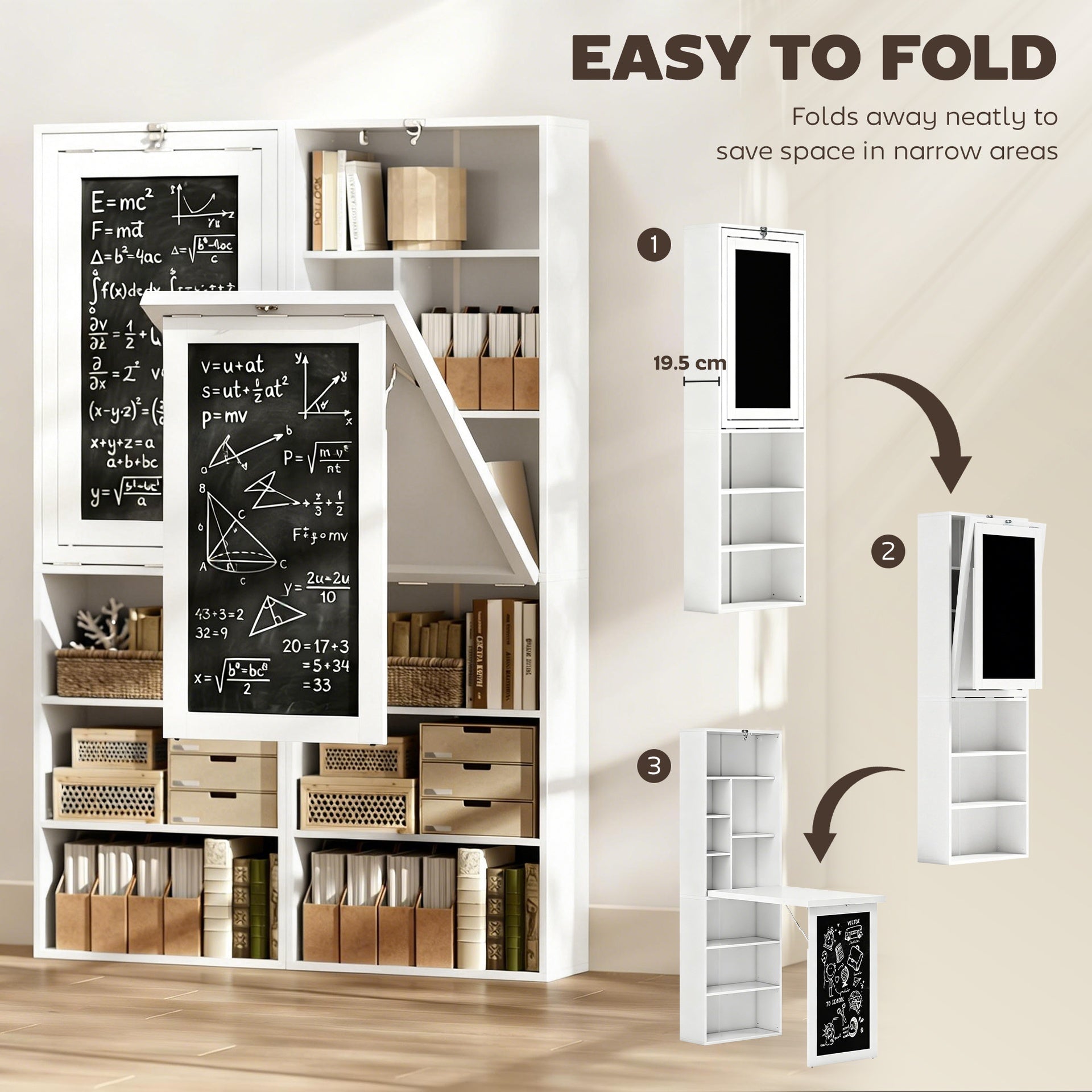 HOMCOM Fold-out Convertible Office Desk, Wall Mount Computer Desk with Blackboard and Side Shelf, White