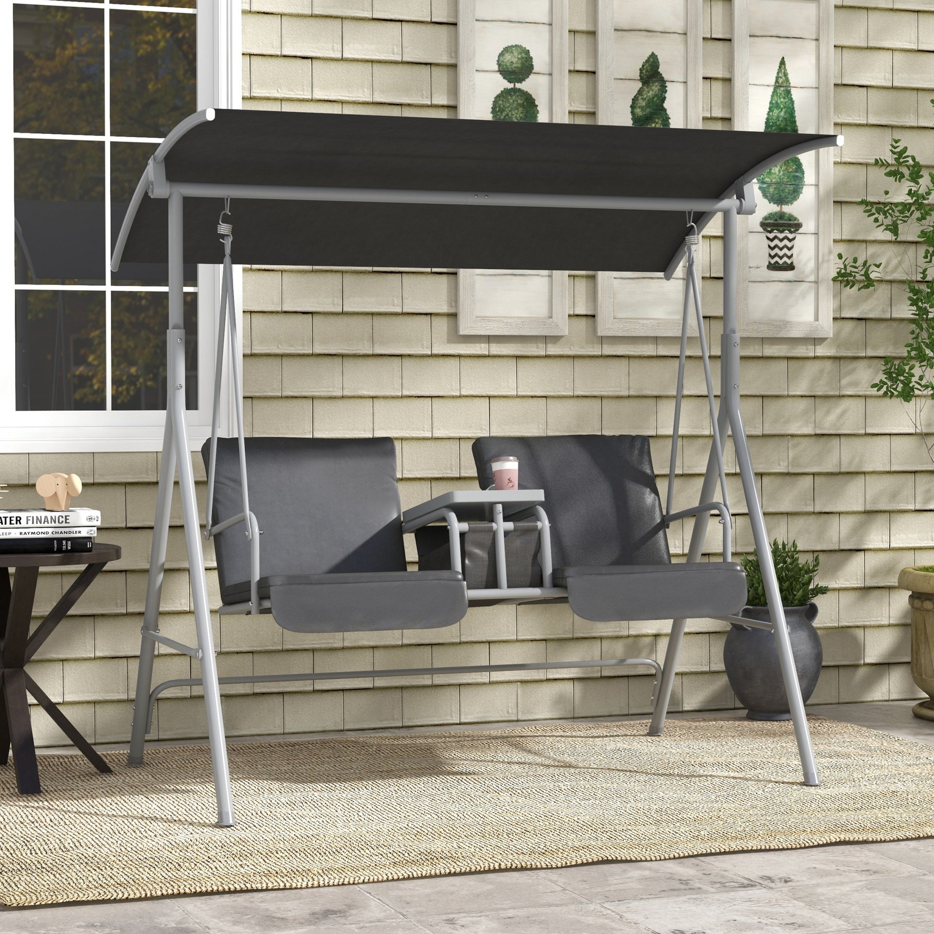 Outsunny 2-Seater Outdoor Porch Swing with Canopy and Table, Patio Swing Chair for Garden, Poolside, Backyard, Gray