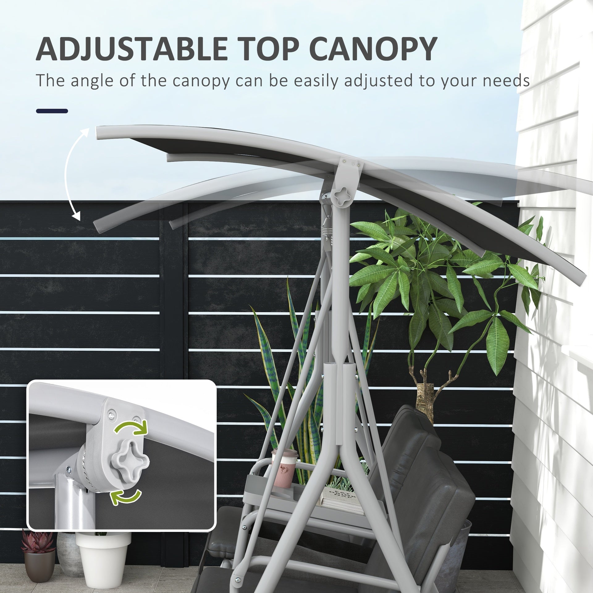 Outsunny 2-Seater Outdoor Porch Swing with Canopy and Table, Patio Swing Chair for Garden, Poolside, Backyard, Gray