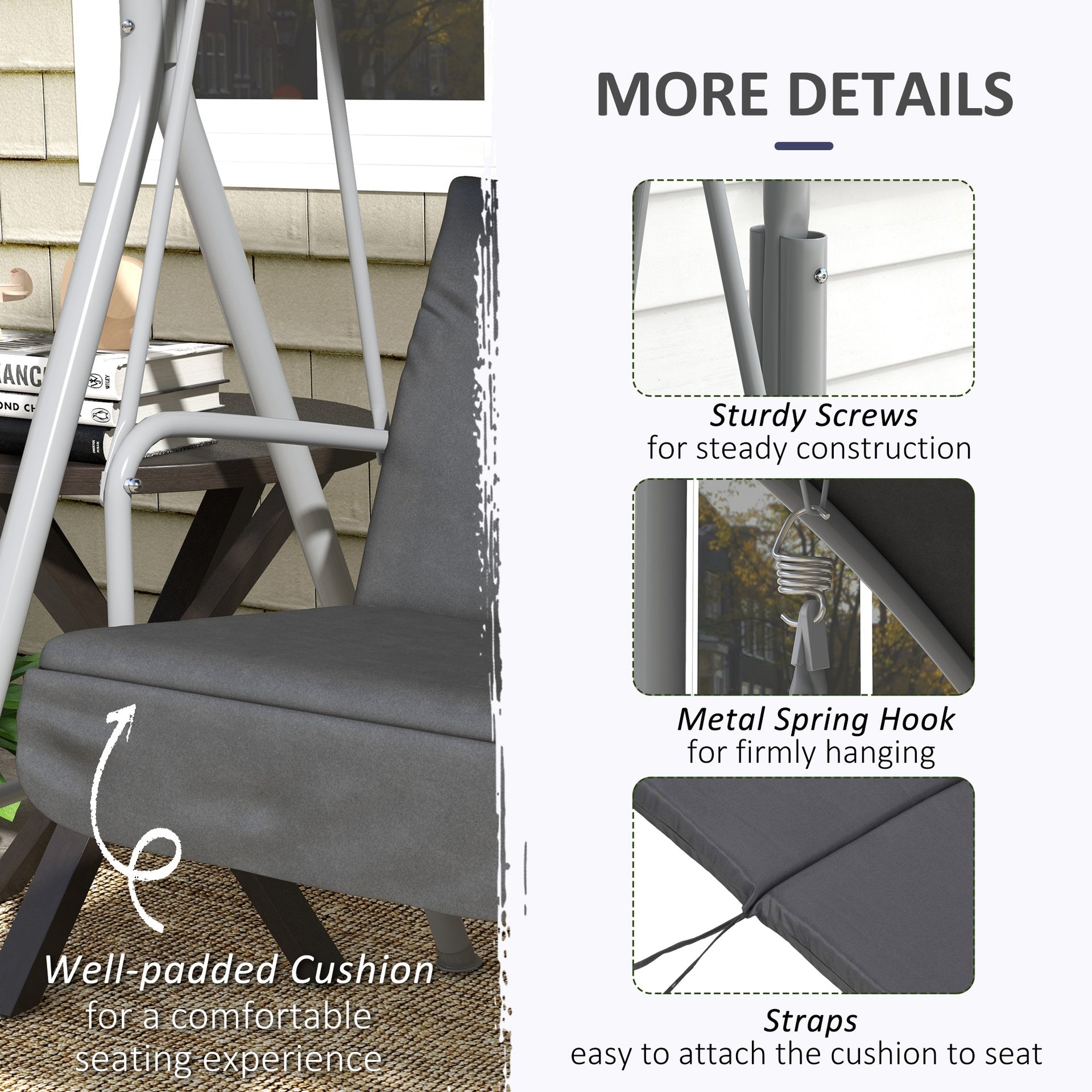 Outsunny 2-Seater Outdoor Porch Swing with Canopy and Table, Patio Swing Chair for Garden, Poolside, Backyard, Gray