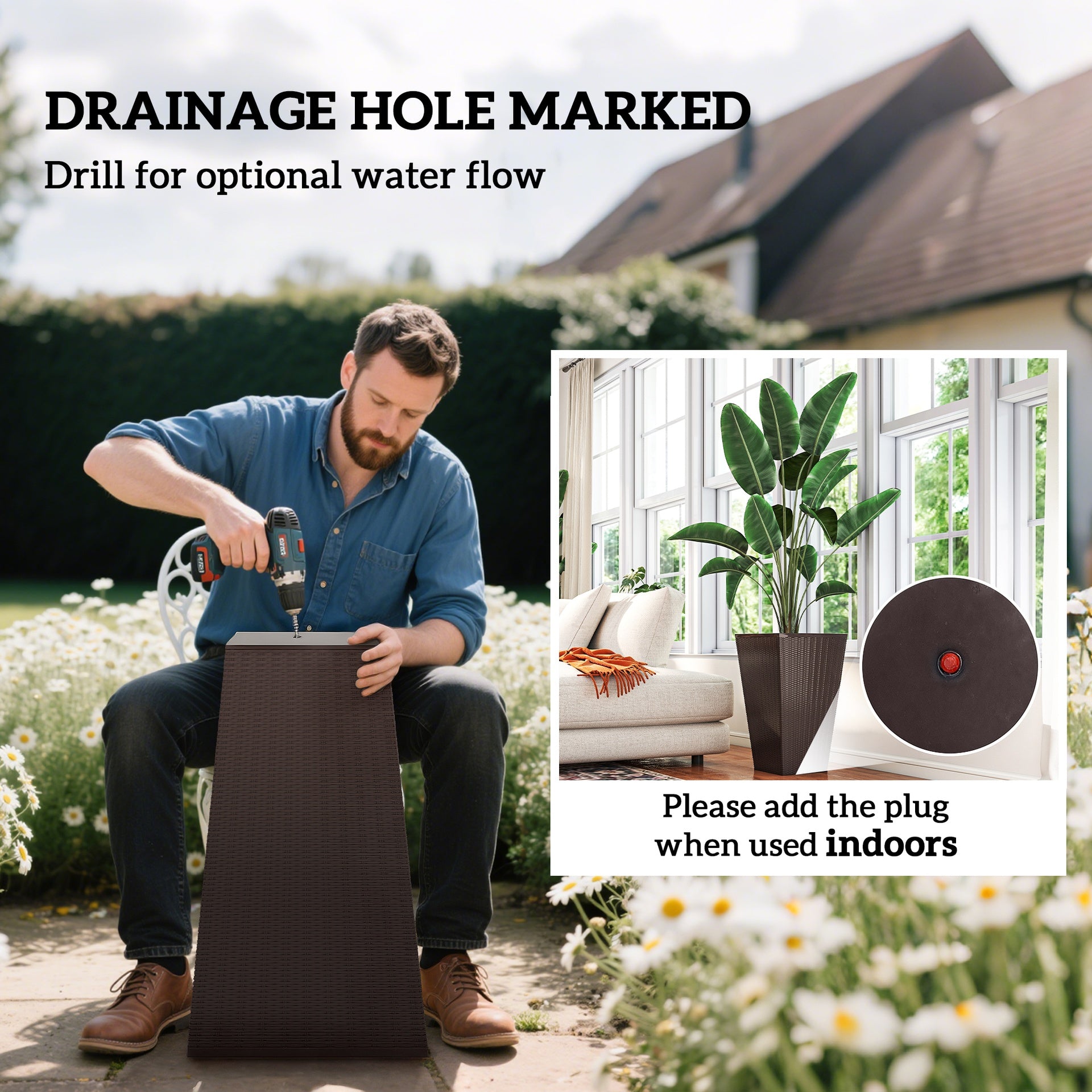 Outsunny Set of 3 Tall Planters with Drainage Hole, 24" Outdoor Flower Plant Pots, Indoor Planters for Porch, Front Door, Entryway, Patio and Deck, Brown