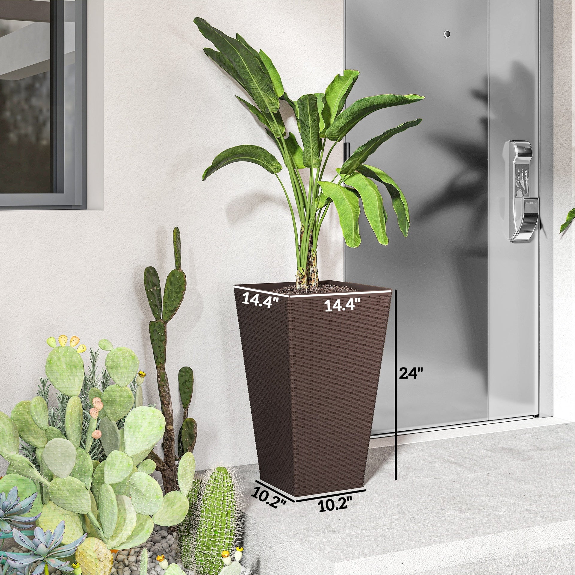 Outsunny Set of 3 Tall Planters with Drainage Hole, 24" Outdoor Flower Plant Pots, Indoor Planters for Porch, Front Door, Entryway, Patio and Deck, Brown