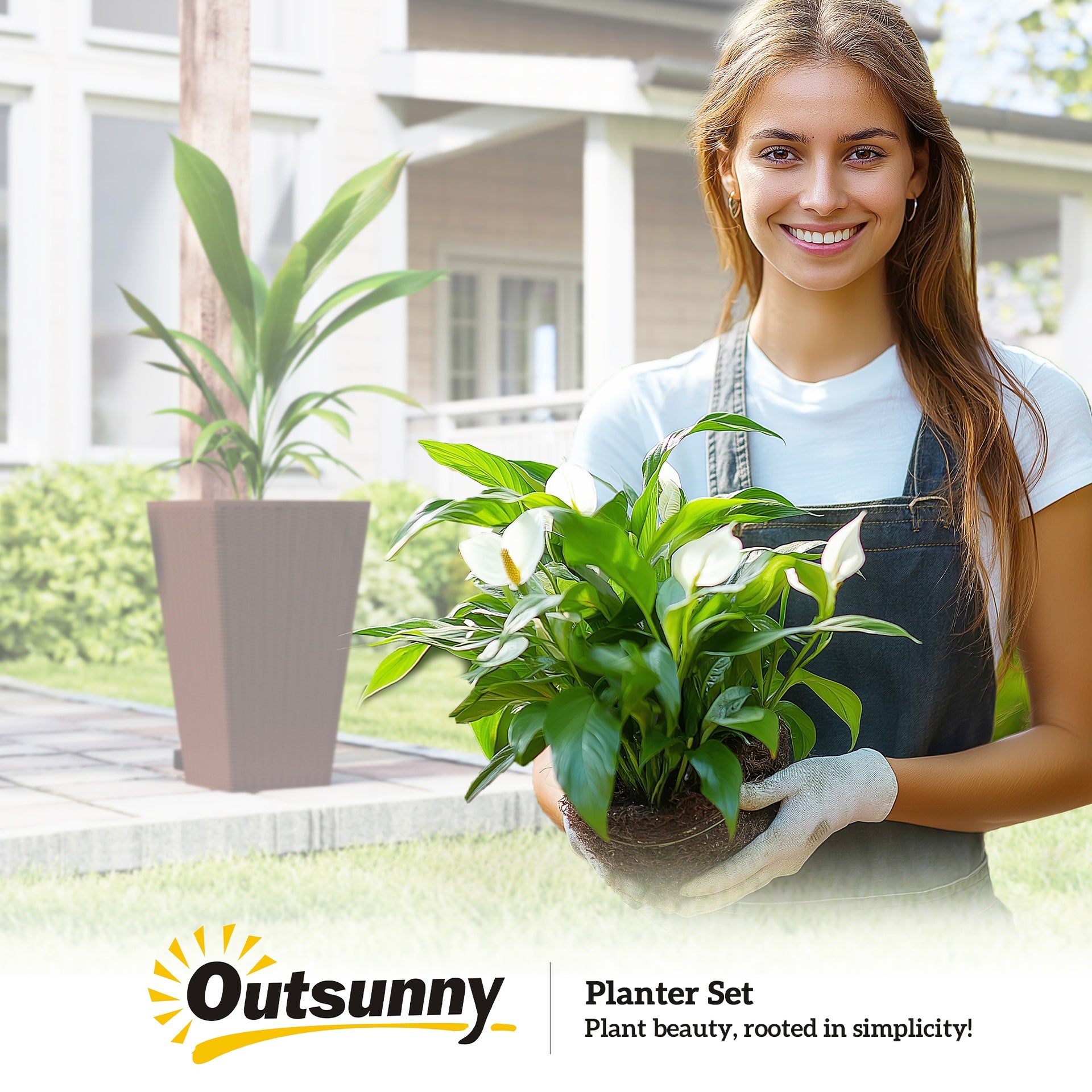 Outsunny Set of 3 Tall Planters with Drainage Hole, 24" Outdoor Flower Plant Pots, Indoor Planters for Porch, Front Door, Entryway, Patio and Deck, Brown