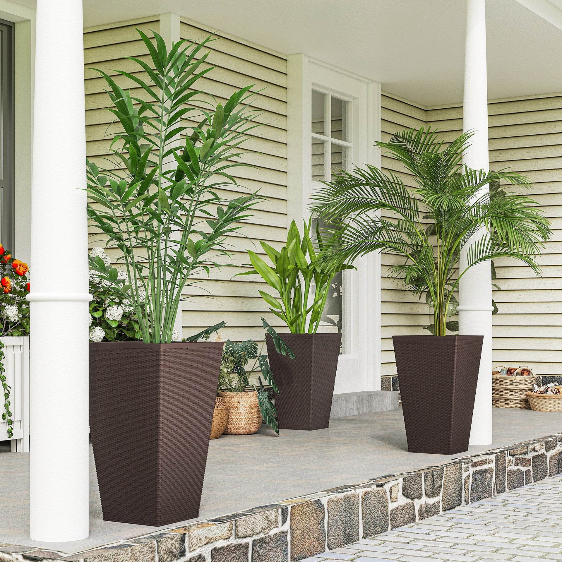 Outsunny Set of 3 Tall Planters with Drainage Hole, 24" Outdoor Flower Plant Pots, Indoor Planters for Porch, Front Door, Entryway, Patio and Deck, Brown
