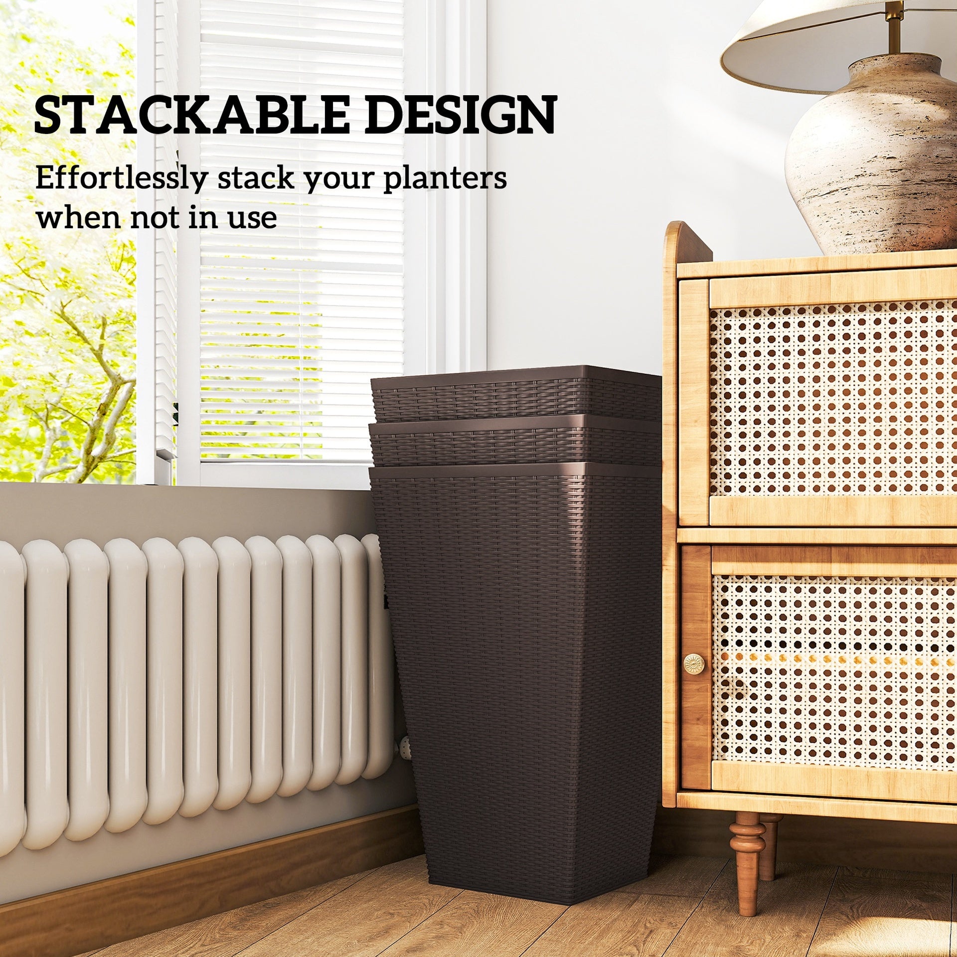 Outsunny Set of 3 Tall Planters with Drainage Hole, 24" Outdoor Flower Plant Pots, Indoor Planters for Porch, Front Door, Entryway, Patio and Deck, Brown
