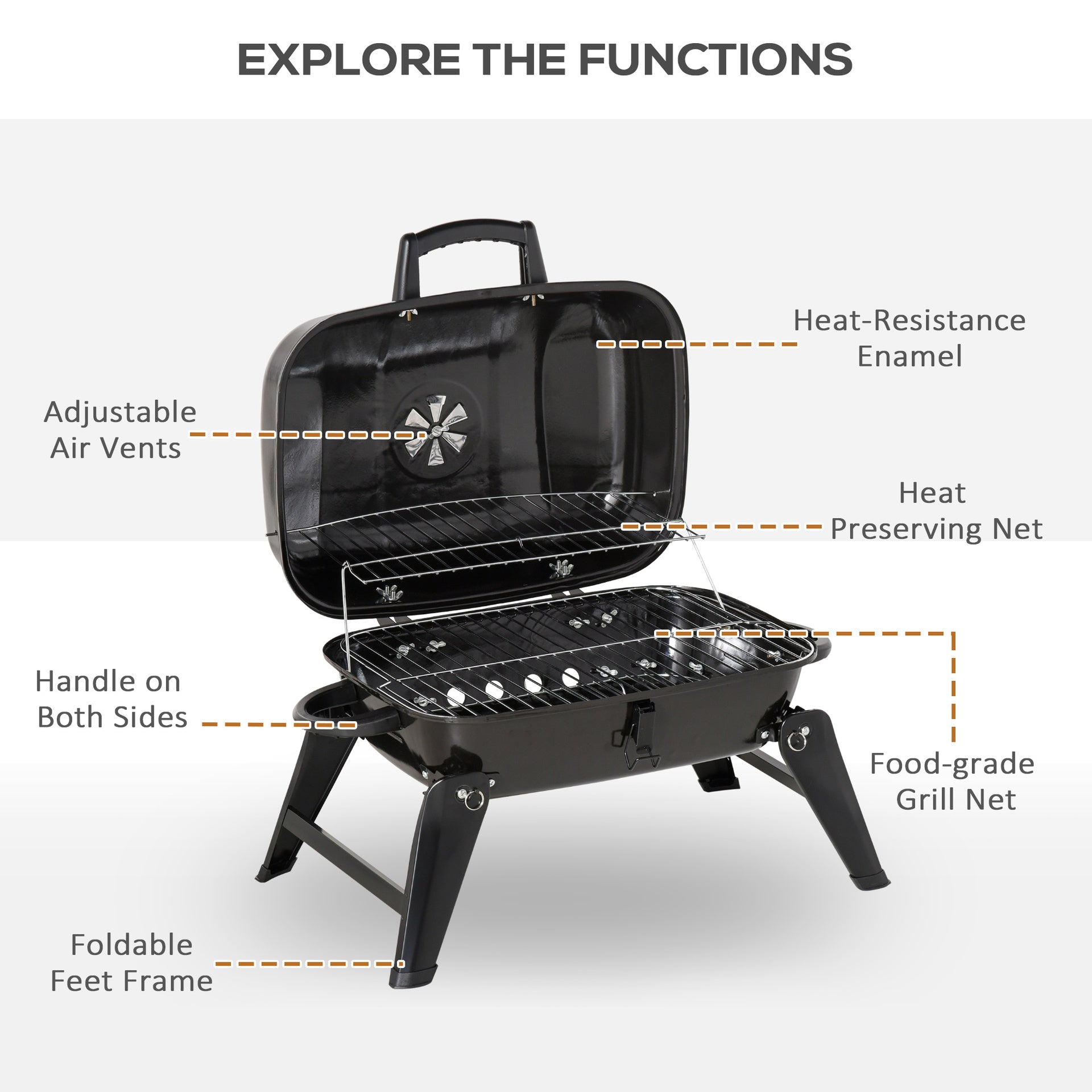 Outsunny 14" Portable Grill, Small Charcoal Grill for Outdoor Cooking, BBQ, Camping, Enamel Coated, Folding Legs, Black