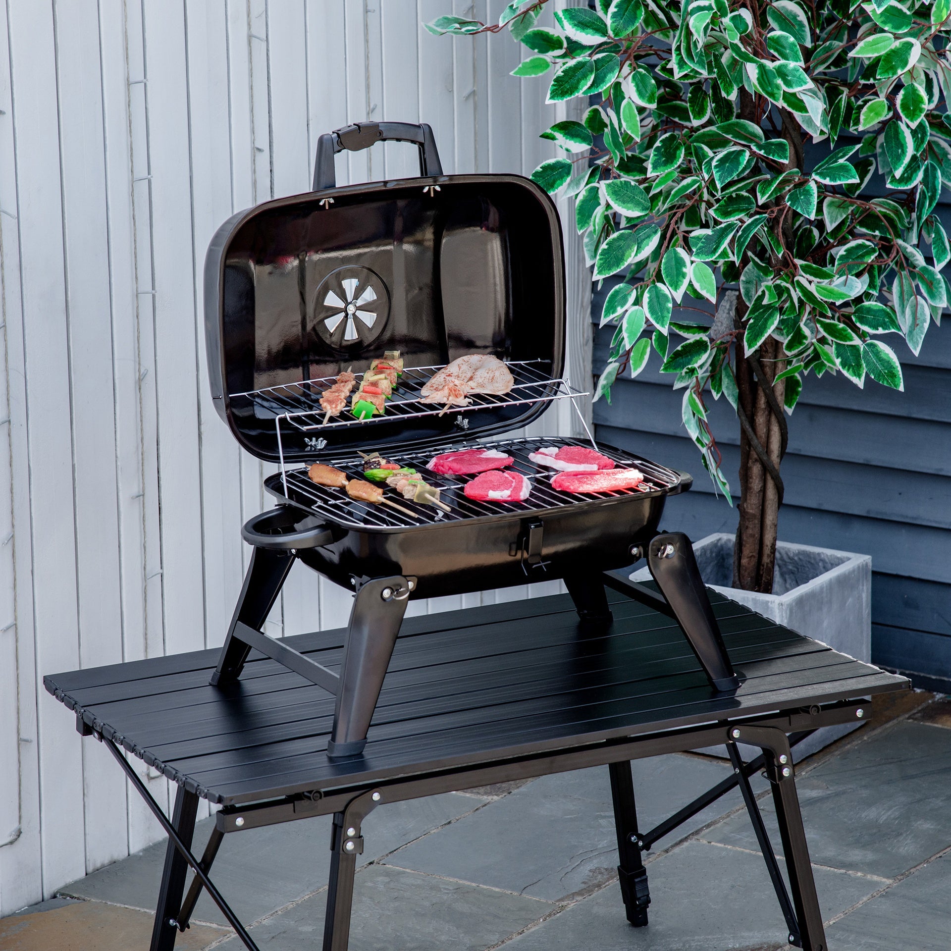 Outsunny 14" Portable Grill, Small Charcoal Grill for Outdoor Cooking, BBQ, Camping, Enamel Coated, Folding Legs, Black