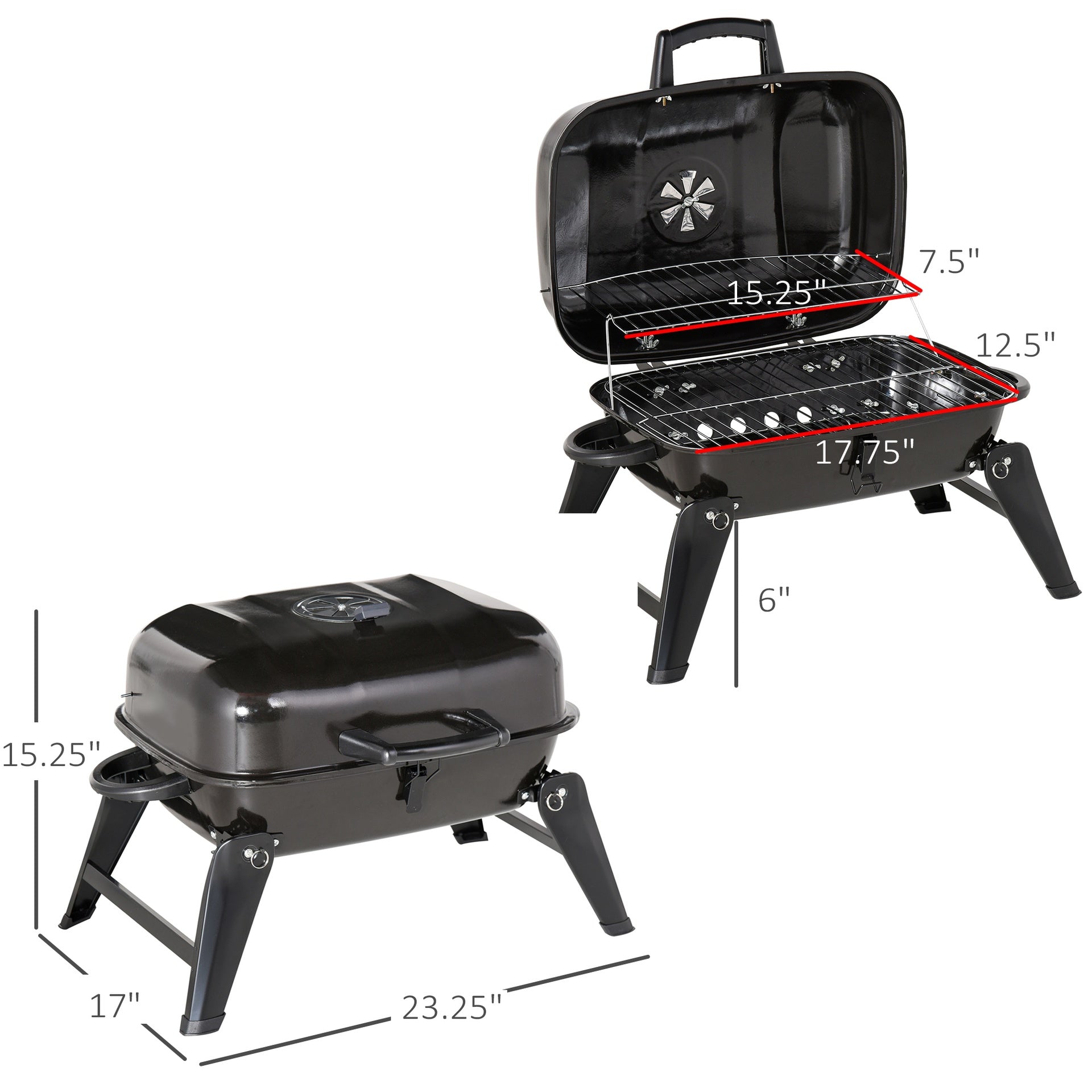 Outsunny 14" Portable Grill, Small Charcoal Grill for Outdoor Cooking, BBQ, Camping, Enamel Coated, Folding Legs, Black