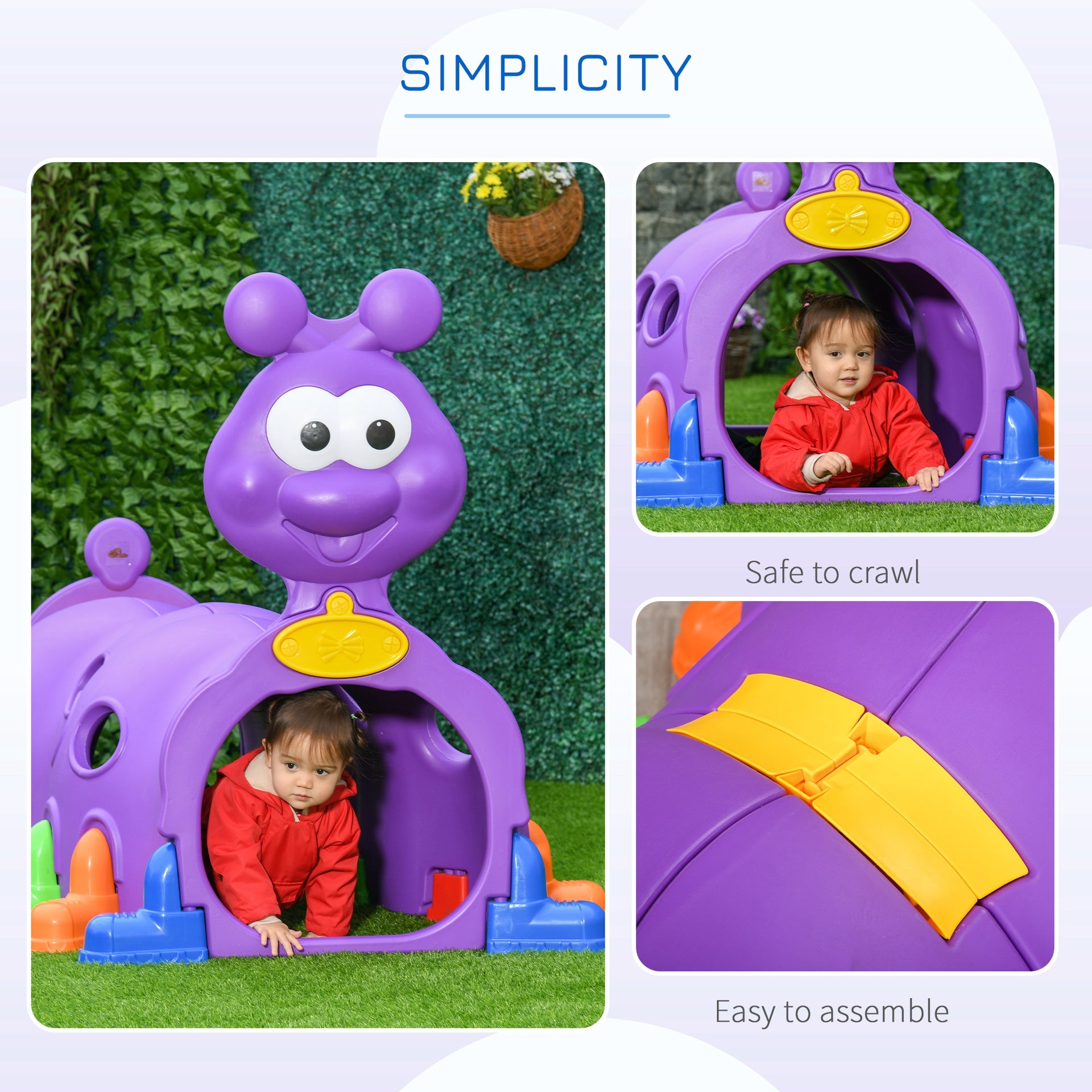 Qaba Caterpillar Play Tunnel, Toddler Tunnel for Kids Crawl and Climb Through, Kids' Play Structure Indoor Outdoor, 2 Sections, Purple