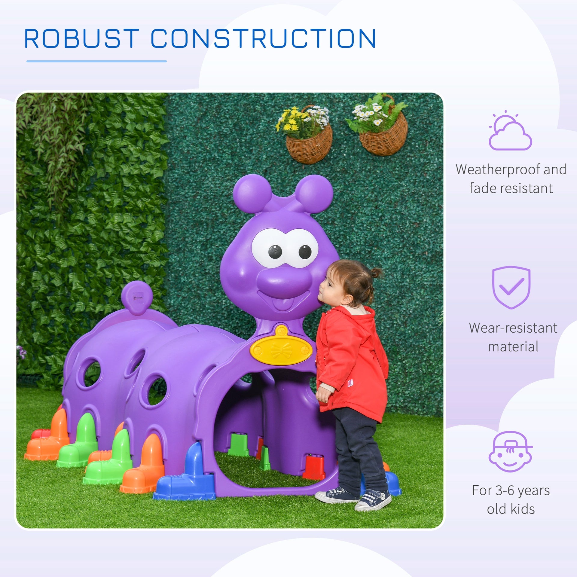 Qaba Caterpillar Play Tunnel, Toddler Tunnel for Kids Crawl and Climb Through, Kids' Play Structure Indoor Outdoor, 2 Sections, Purple