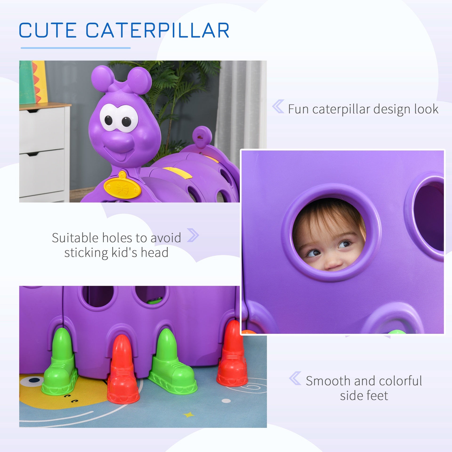 Qaba Caterpillar Play Tunnel, Toddler Tunnel for Kids Crawl and Climb Through, Kids' Play Structure Indoor Outdoor, 2 Sections, Purple