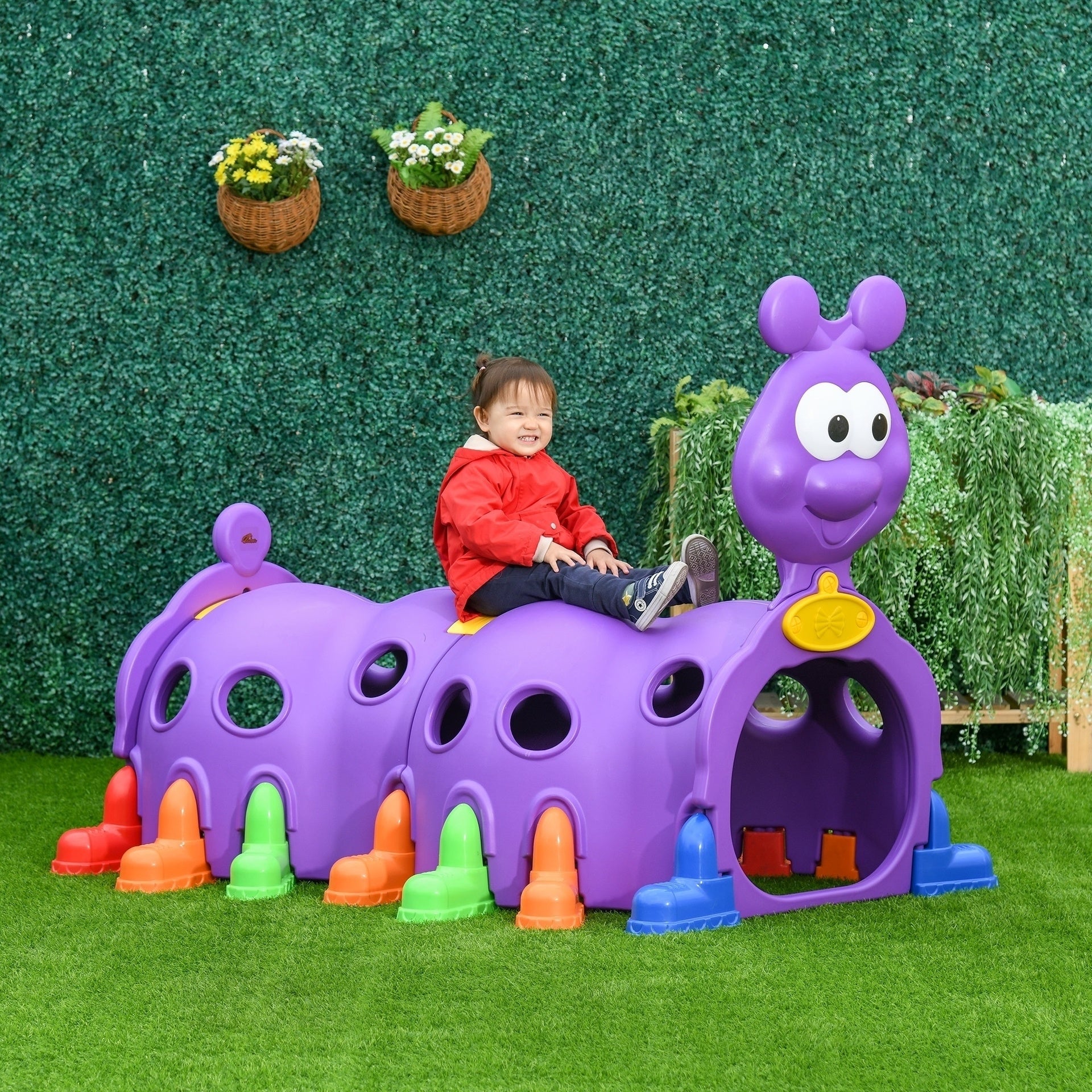 Qaba Caterpillar Play Tunnel, Toddler Tunnel for Kids Crawl and Climb Through, Kids' Play Structure Indoor Outdoor, 2 Sections, Purple