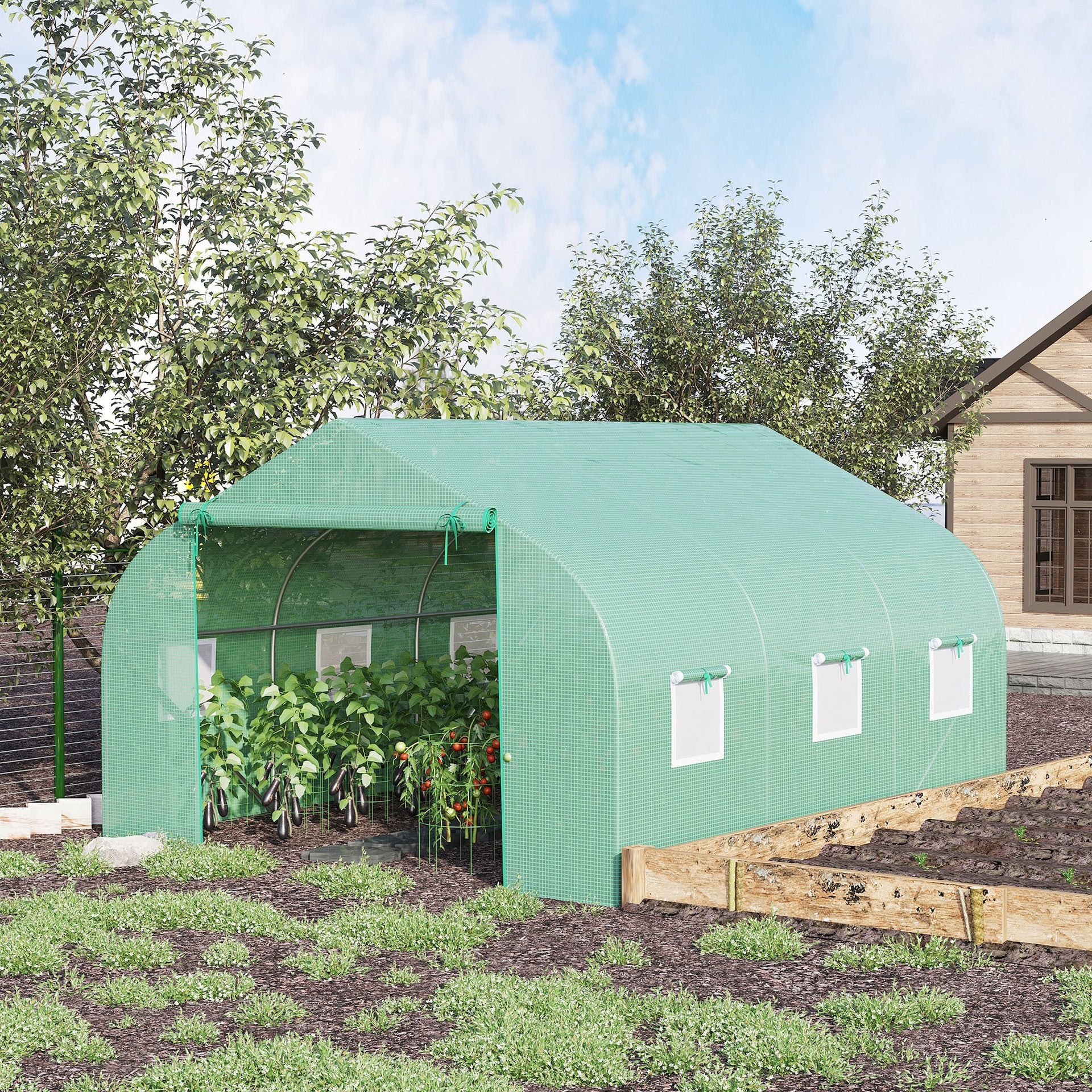 Outsunny Walk In Tunnel Greenhouse, Portable Outdoor Plant House with Roll Up Doors