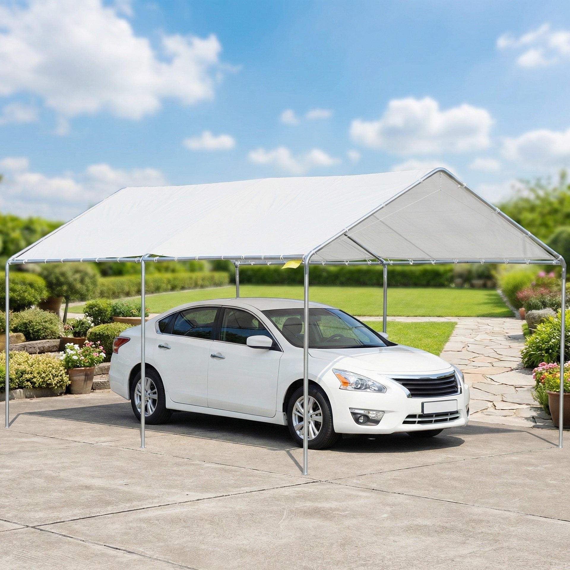 Outsunny 9.6' x 19.5' Carport Heavy Duty Galvanized Car Canopy w/ Included Anchor Kit, 3 Reinforced Steel Cables, White