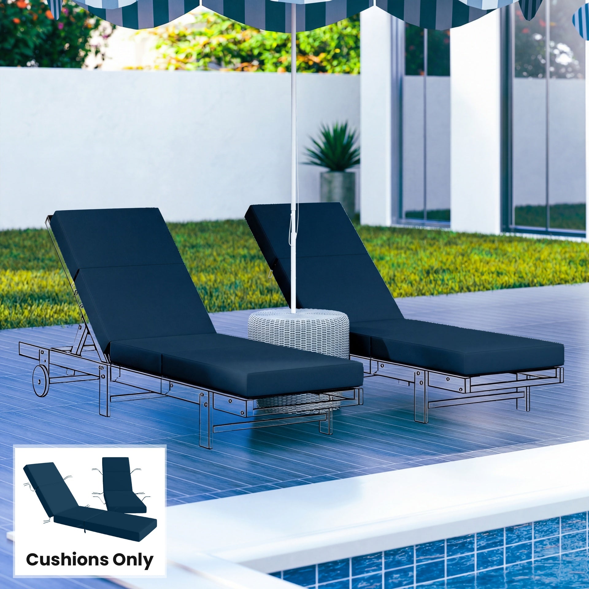 Outsunny Set of 2 Chaise Lounge Cushion, 4" Thick Outdoor Lounge Chair Cushions with Ties for Patio, 21" x 72", Navy Blue