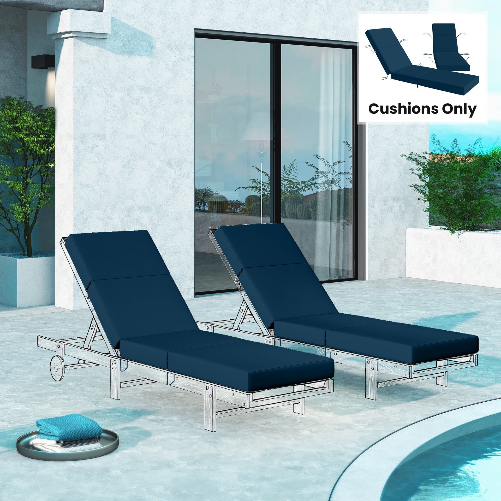 Outsunny Set of 2 Chaise Lounge Cushion, 4" Thick Outdoor Lounge Chair Cushions with Ties for Patio, 21" x 72", Navy Blue