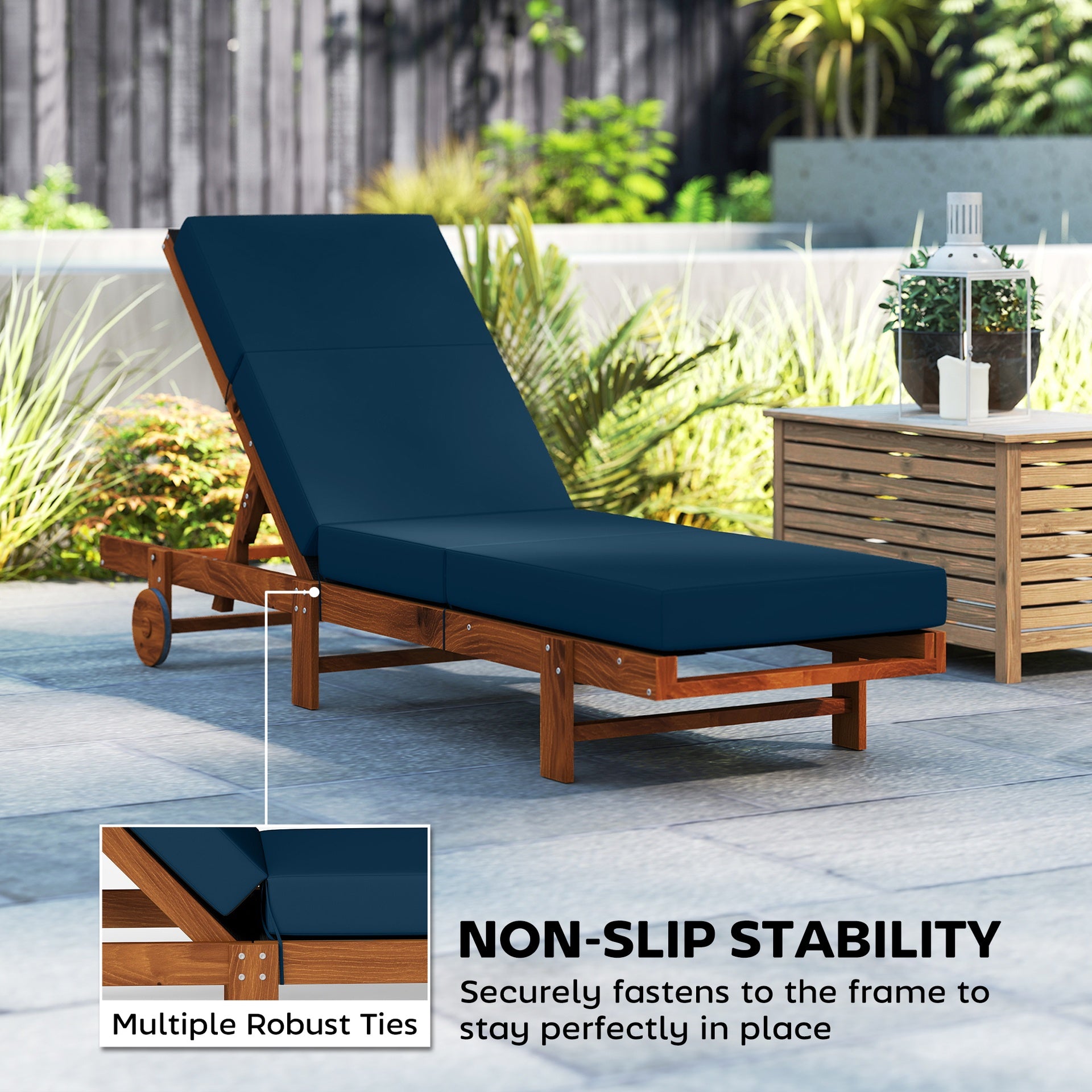 Outsunny Set of 2 Chaise Lounge Cushion, 4" Thick Outdoor Lounge Chair Cushions with Ties for Patio, 21" x 72", Navy Blue