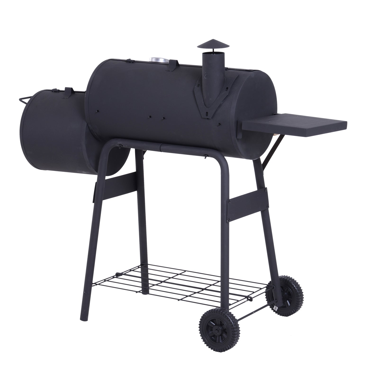Outsunny Charcoal BBQ, Portable Grill with Wheels, All-in-One Grill, Side vent, Two Shelves and Metal Grating, Lit-Mounted Thermometer, Wooden Handle, for Outdoor Cooking, Black