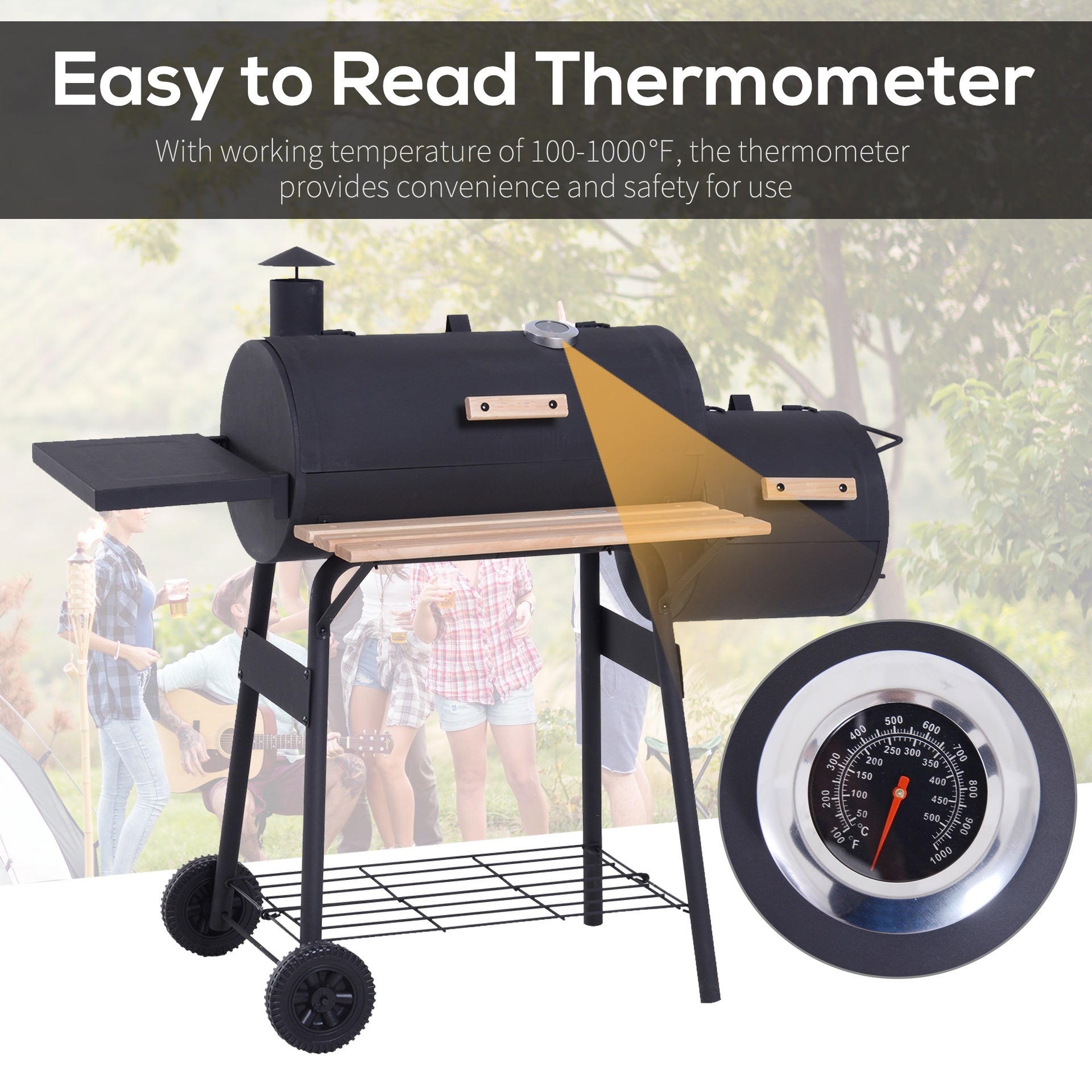 Outsunny Charcoal BBQ, Portable Grill with Wheels, All-in-One Grill, Side vent, Two Shelves and Metal Grating, Lit-Mounted Thermometer, Wooden Handle, for Outdoor Cooking, Black