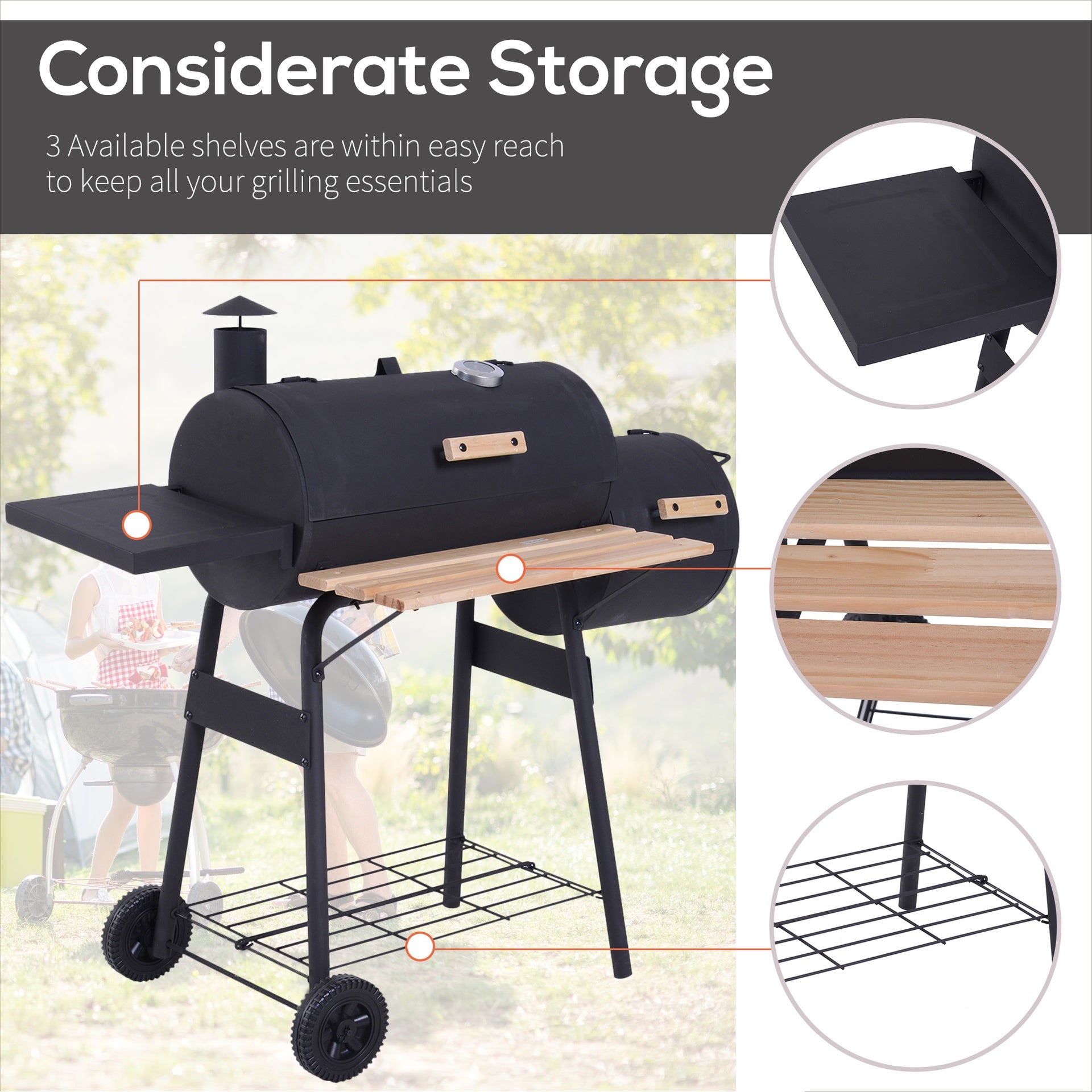 Outsunny Charcoal BBQ, Portable Grill with Wheels, All-in-One Grill, Side vent, Two Shelves and Metal Grating, Lit-Mounted Thermometer, Wooden Handle, for Outdoor Cooking, Black