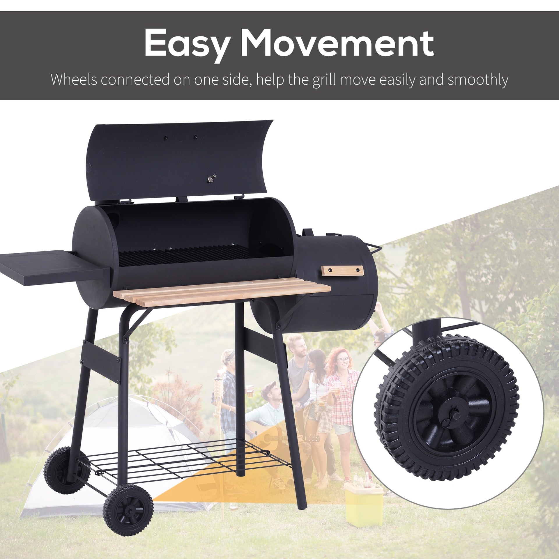 Outsunny Charcoal BBQ, Portable Grill with Wheels, All-in-One Grill, Side vent, Two Shelves and Metal Grating, Lit-Mounted Thermometer, Wooden Handle, for Outdoor Cooking, Black