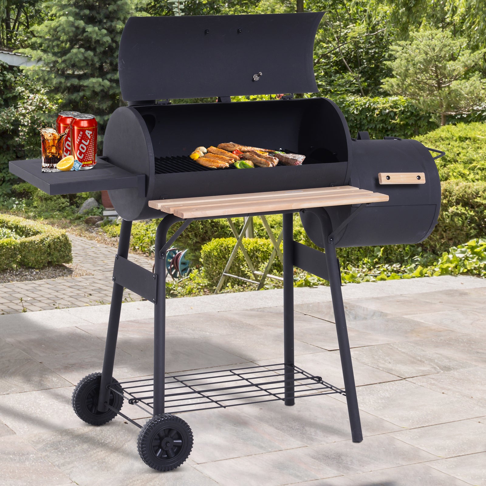 Outsunny Charcoal BBQ, Portable Grill with Wheels, All-in-One Grill, Side vent, Two Shelves and Metal Grating, Lit-Mounted Thermometer, Wooden Handle, for Outdoor Cooking, Black