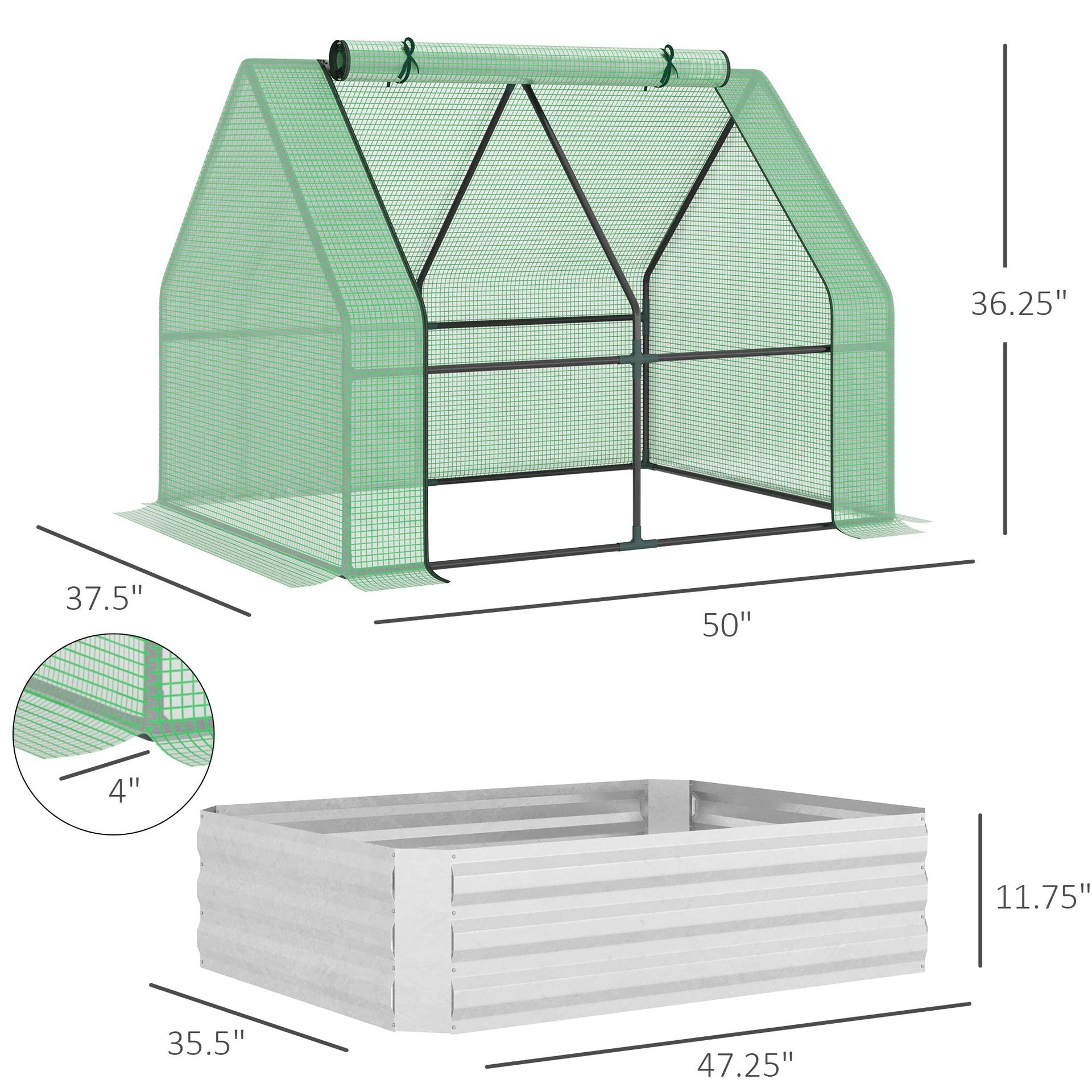 Outsunny 4 x 3 x 3ft Metal Planter Box with Mini Greenhouse, Galvanized Raised Garden Bed with Cover for Herbs and Vegetables, Small Greenhouse for Patio Garden Balcony, Green and Gray