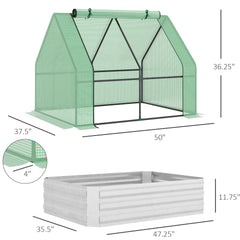 Outsunny 4 x 3 x 3ft Metal Planter Box with Mini Greenhouse, Galvanized Raised Garden Bed with Cover for Herbs and Vegetables, Small Greenhouse for Patio Garden Balcony, Green and Gray