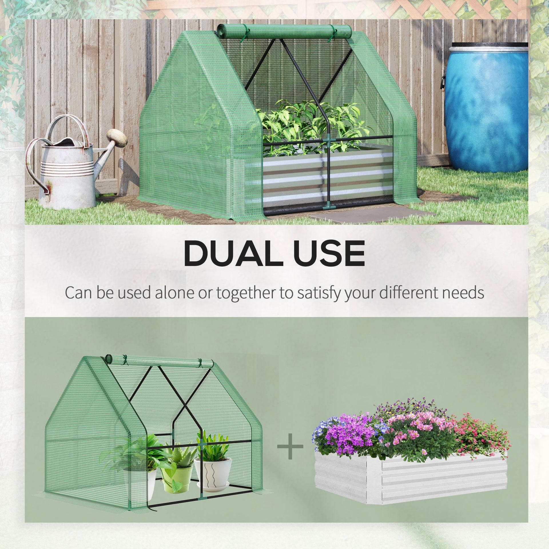 Outsunny 4 x 3 x 3ft Metal Planter Box with Mini Greenhouse, Galvanized Raised Garden Bed with Cover for Herbs and Vegetables, Small Greenhouse for Patio Garden Balcony, Green and Gray