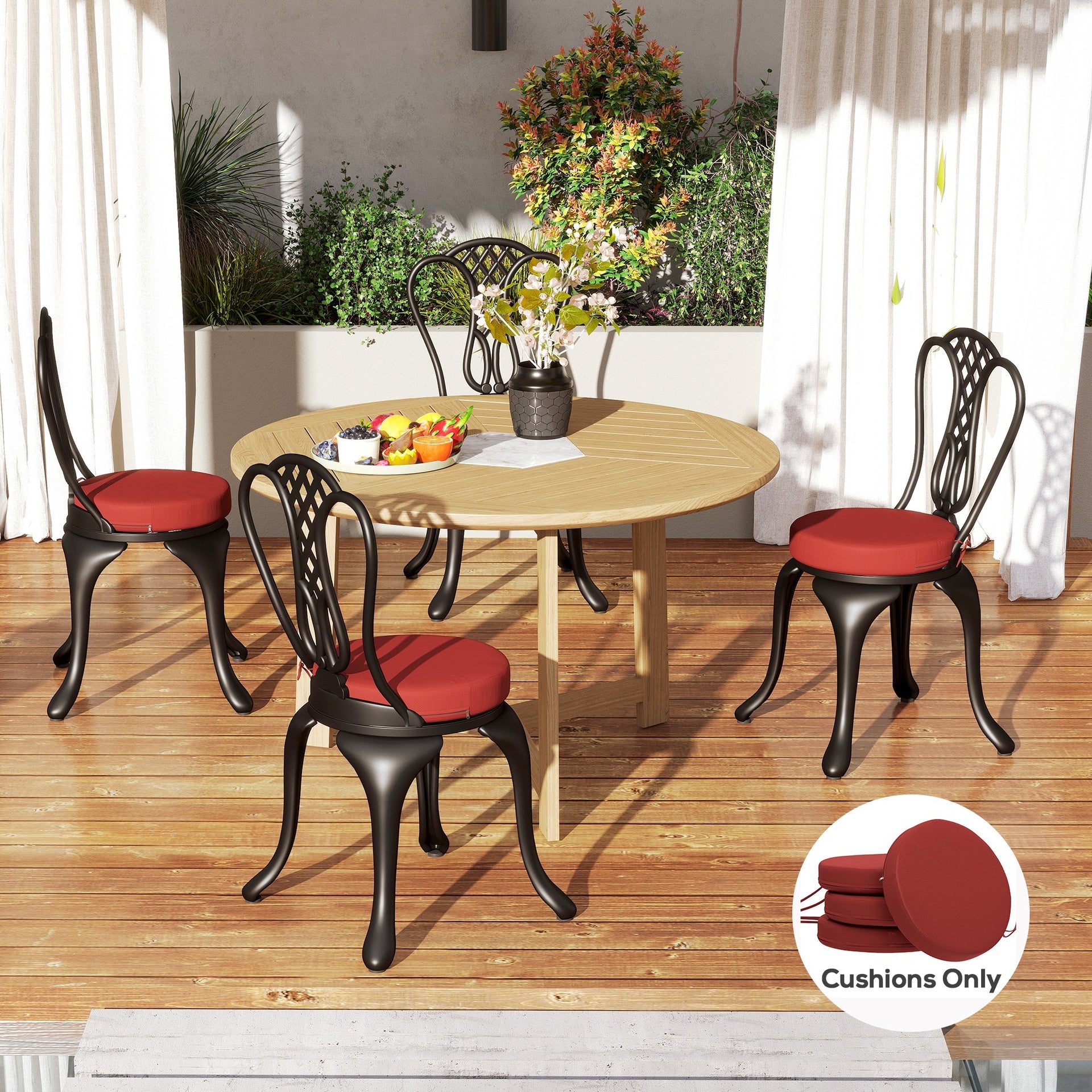 Outsunny Patio Chair Cushions Set of 4 Round Seat Cushions for Dining Bistro Chairs Machine Washable, 15" x 15" x 3", Wine Red
