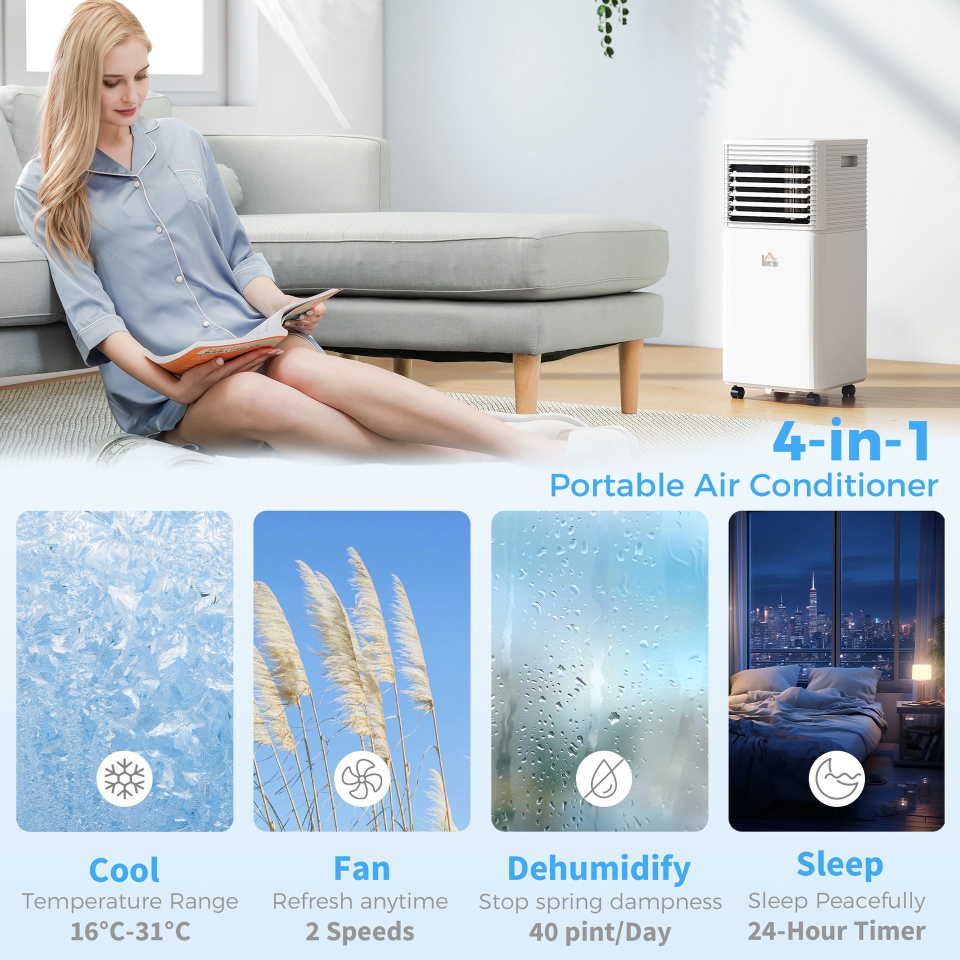 HOMCOM 10000 BTU Mobile Air Conditioner for Cooling and Dehumidifying, Remote Control, 24H Timer, LED Display, White
