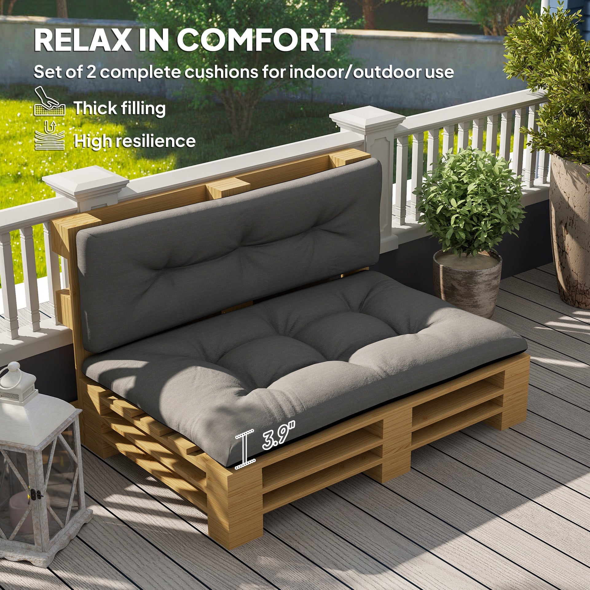 Outsunny 2 Seater Pallet Cushions Outdoor 3.9" Thick Replacement Cushions - Tufted Design for Garden, Patio, Black
