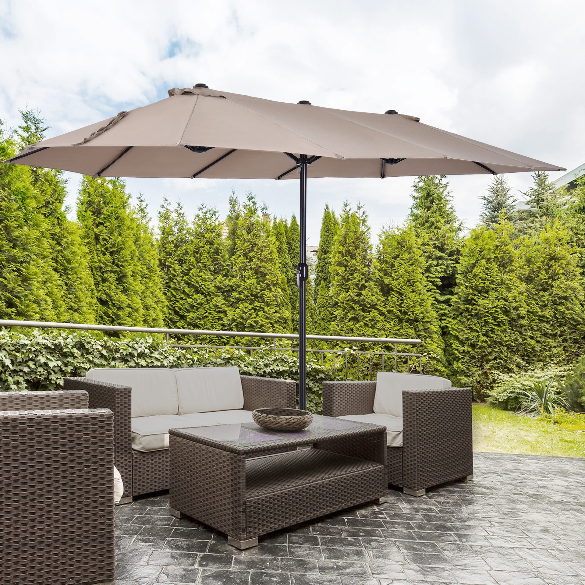 Outsunny Patio Umbrella 15ft Double-Sided Outdoor Market Extra Large Umbrella with Crank Handle for Deck, Lawn, Backyard and Pool, Tan