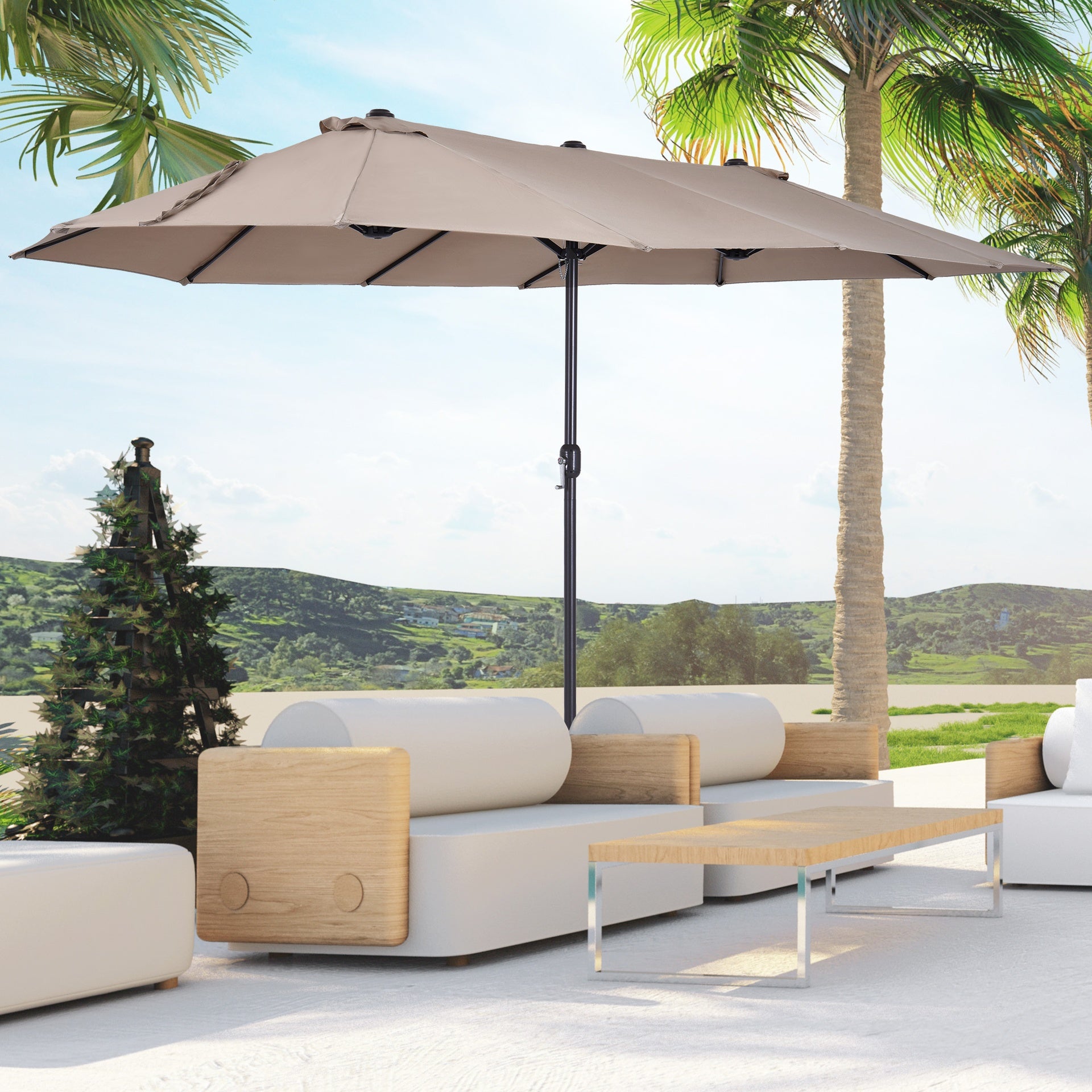 Outsunny Patio Umbrella 15ft Double-Sided Outdoor Market Extra Large Umbrella with Crank Handle for Deck, Lawn, Backyard and Pool, Tan