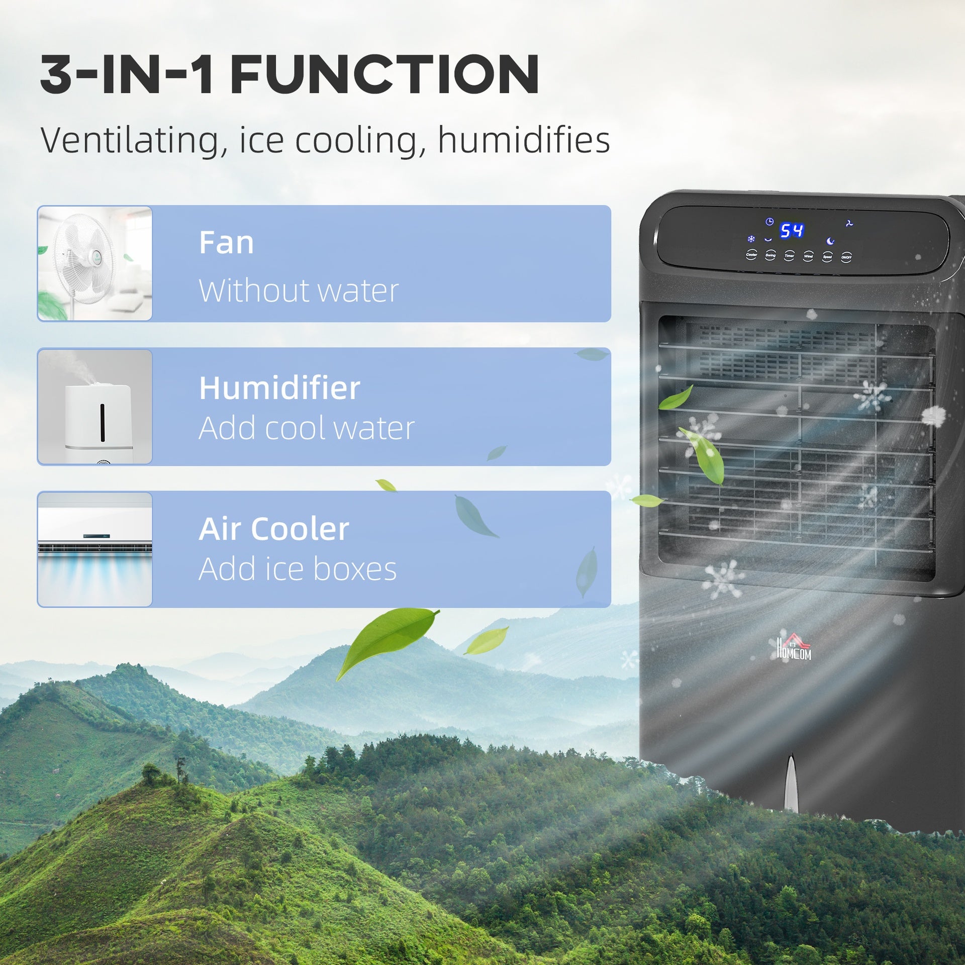 HOMCOM 3-In-1 Ice Cooling Fan, Mobile Evaporative Air Cooler with Remote, Timer, Oscillating for Home Office, Bedroom, Black