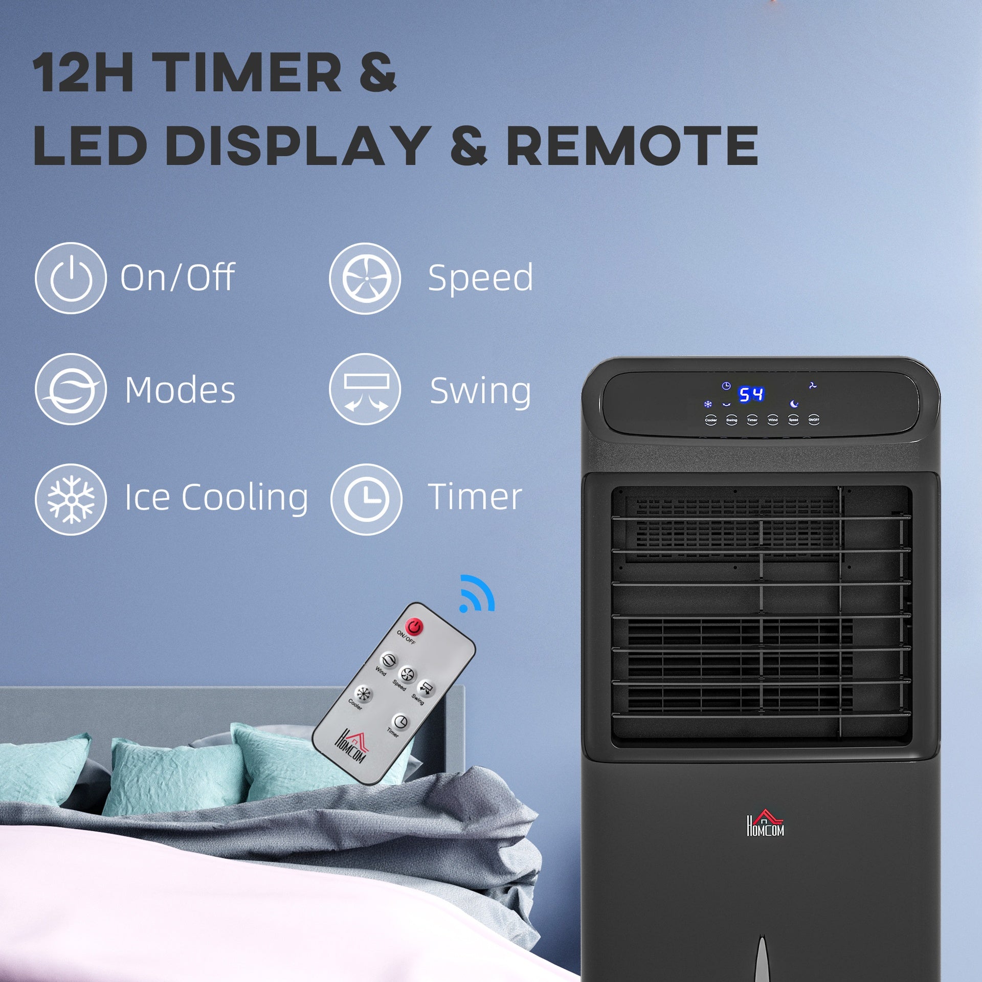 HOMCOM 3-In-1 Ice Cooling Fan, Mobile Evaporative Air Cooler with Remote, Timer, Oscillating for Home Office, Bedroom, Black
