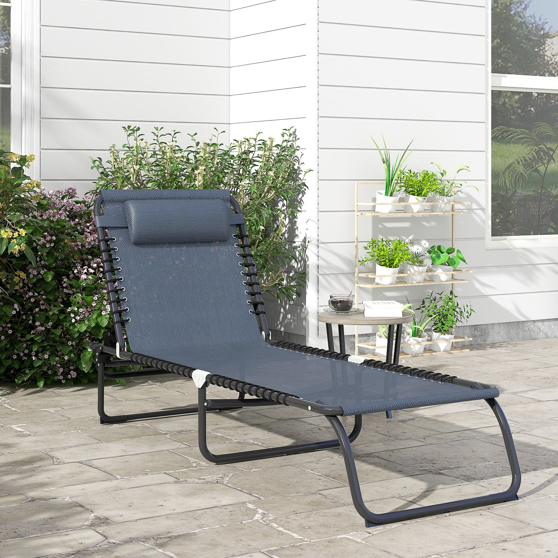 Outsunny Folding Chaise Lounge Pool Chair with 4-Position Reclining Back, Breathable Mesh & Bungee Seat, Gray