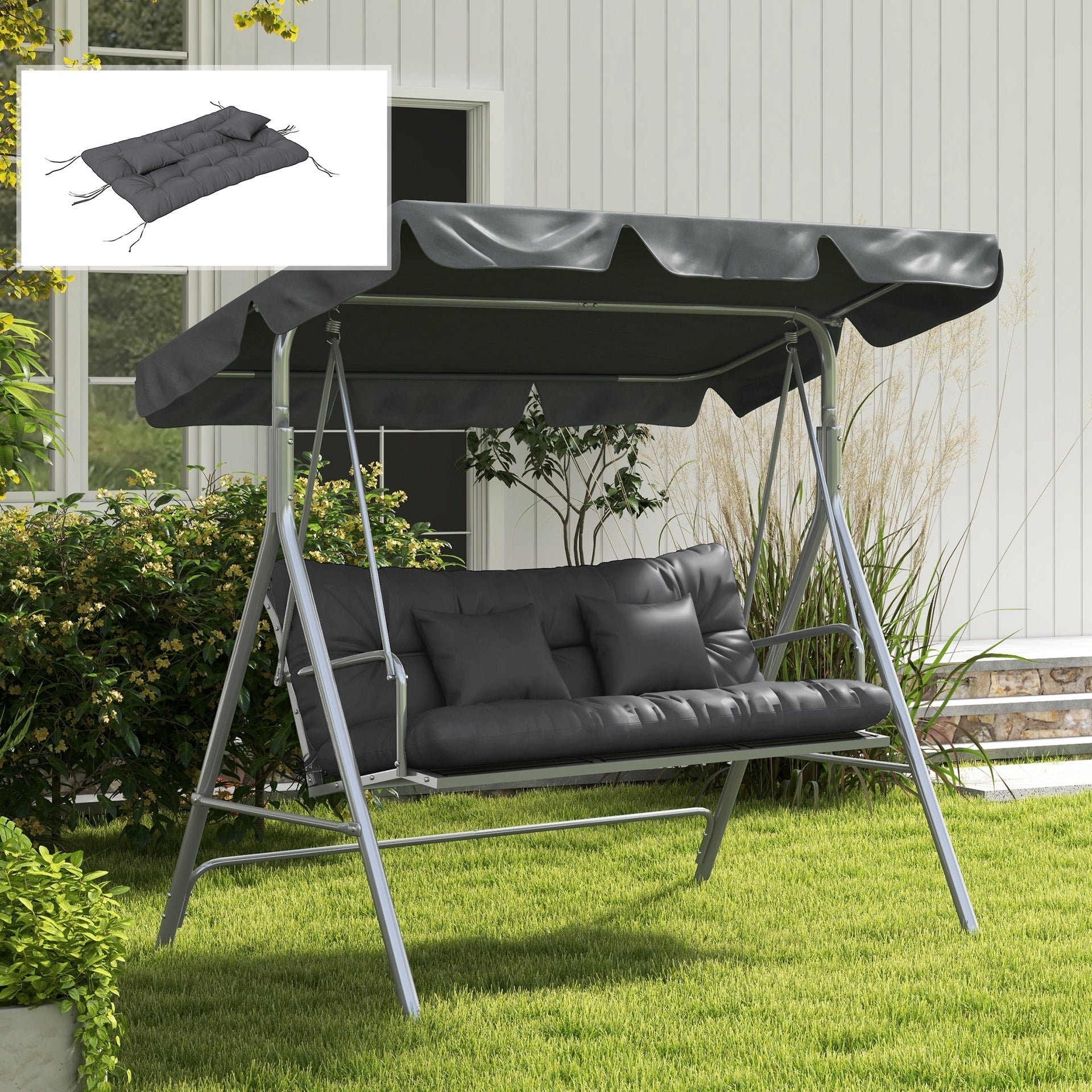 Outsunny 59" Tufted Bench Cushions & Throw Pillows, Replacement Bench Seat Pad, Back & 2 Pillows for Outdoor Furniture, Charcoal