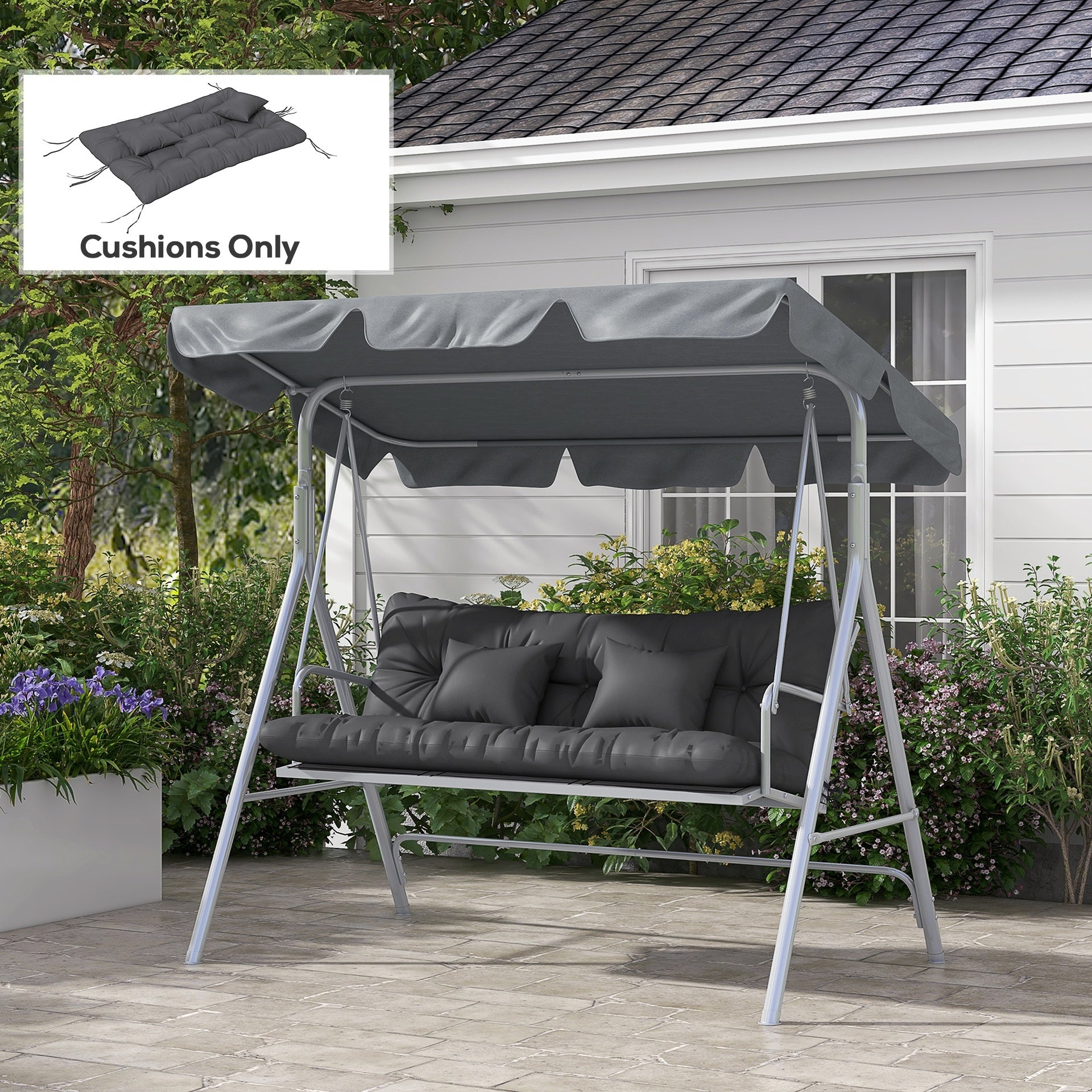 Outsunny 59" Tufted Bench Cushions & Throw Pillows, Replacement Bench Seat Pad, Back & 2 Pillows for Outdoor Furniture, Charcoal