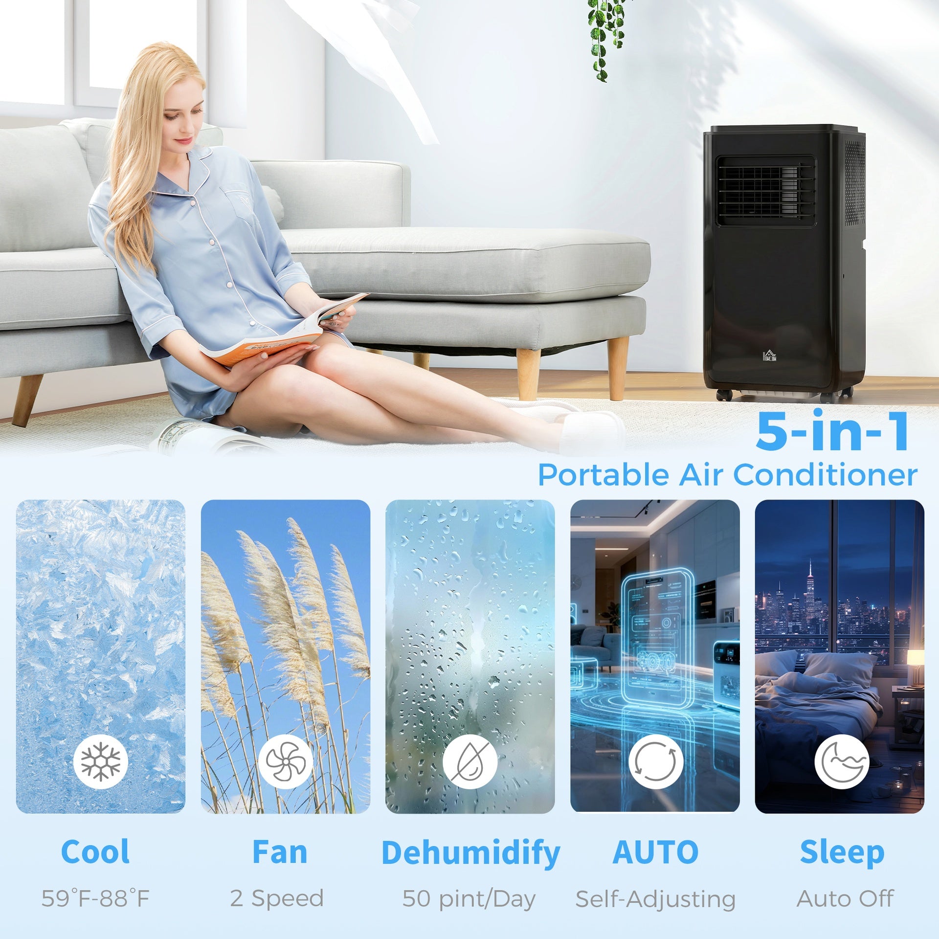 HOMCOM 10,000 BTU Moible Air Conditioner 440 Sq. Ft., Dehumidifier Fan Auto Sleep with 24H Timer On/Off, Window Kit, Black