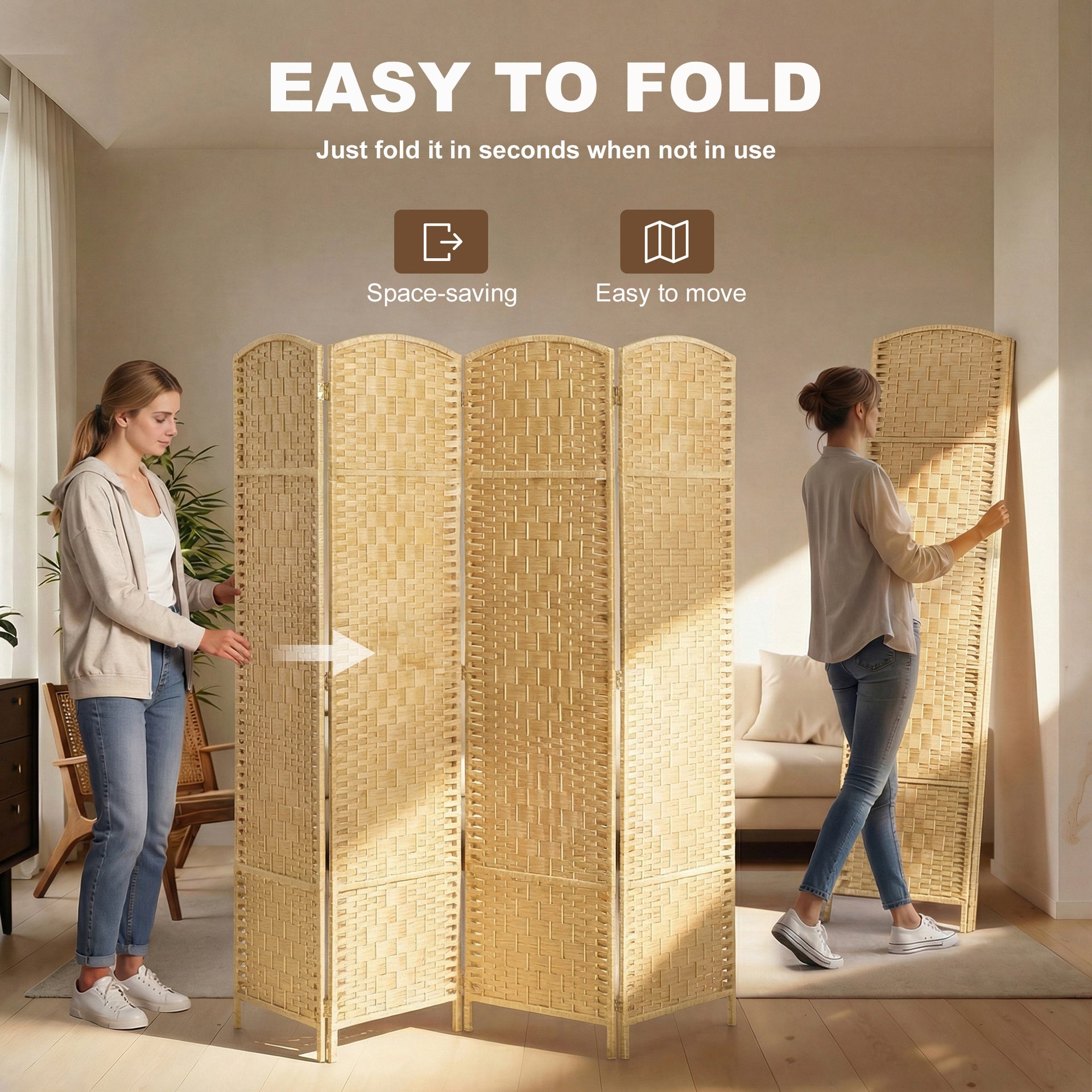 HOMCOM Folding Room Divider Screen 4 Panel 6' Tall Privacy Screen Freestanding Wood Partition for Home Office, Nature Wood